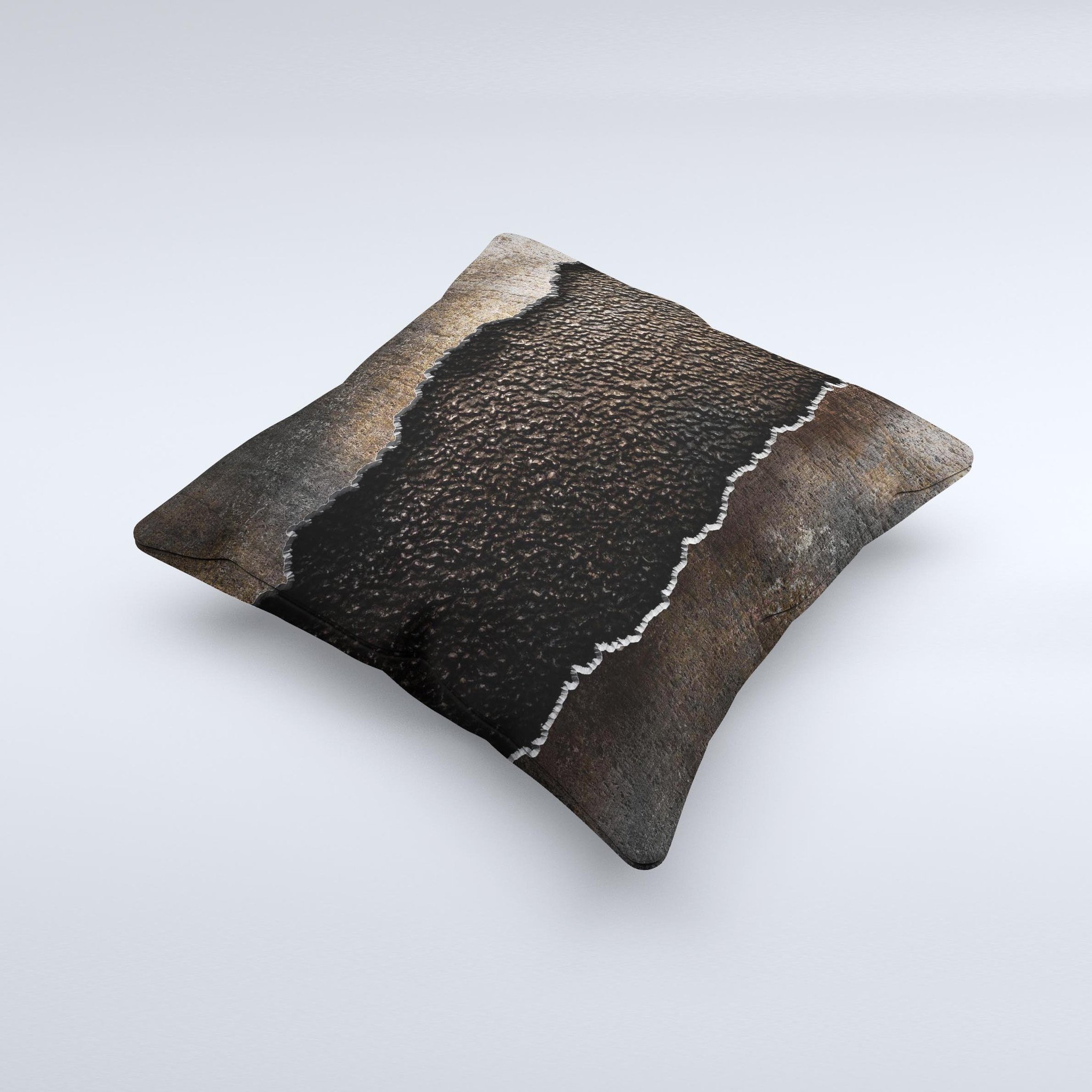 Grunge Ripped Metal Decorative Throw Pillow with unique bevel ink-fuzed design, showcasing a handcrafted appearance and high-quality fabric.