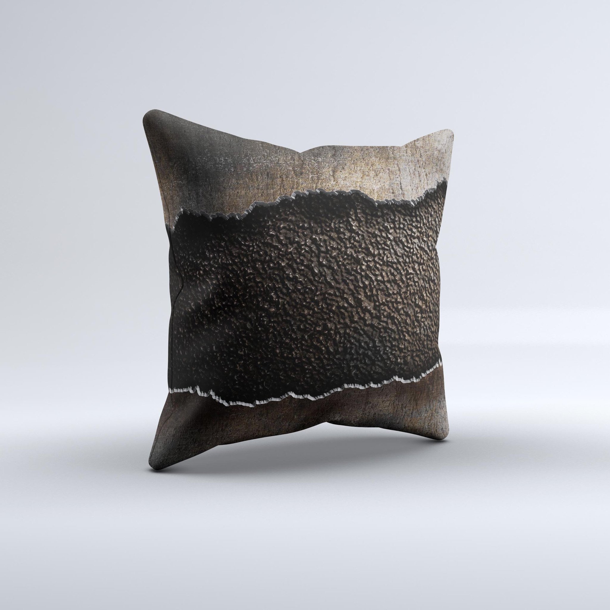 Grunge Ripped Metal Decorative Throw Pillow with unique bevel ink-fuzed design, showcasing a handcrafted appearance and high-quality fabric.