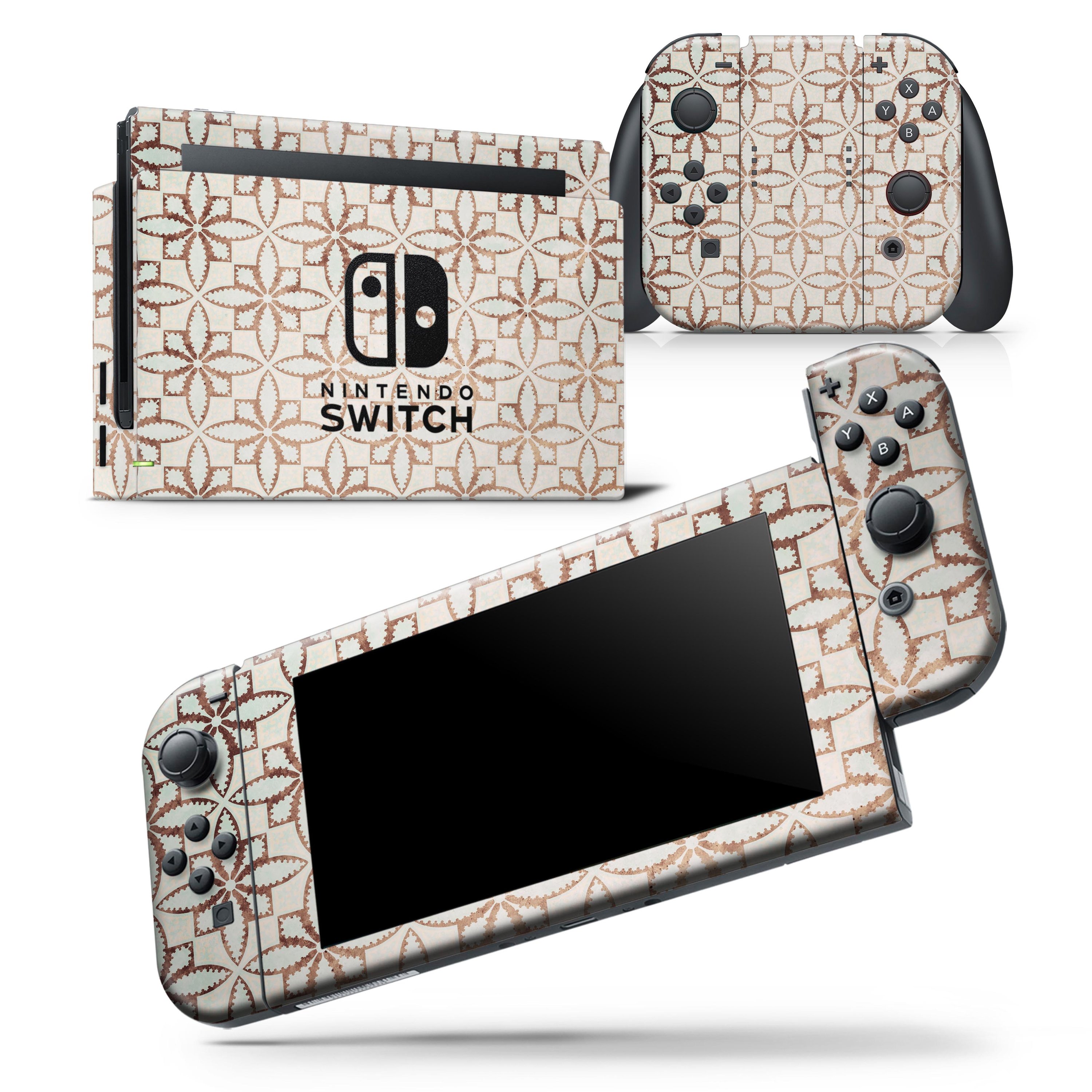 Grunge Tangerine Flower Tiles skin wrap decal for Nintendo Switch, showcasing vibrant floral design and premium vinyl material.