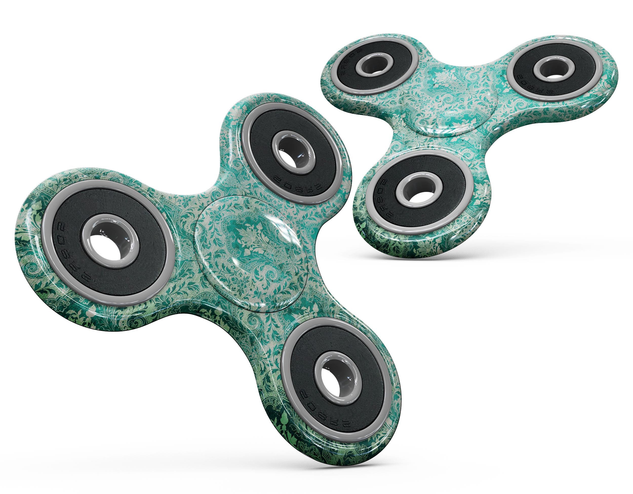 Grunge Teal Damask Pattern Full-Body Skin-Kit for fidget spinner, showcasing a stylish design and durable vinyl material.