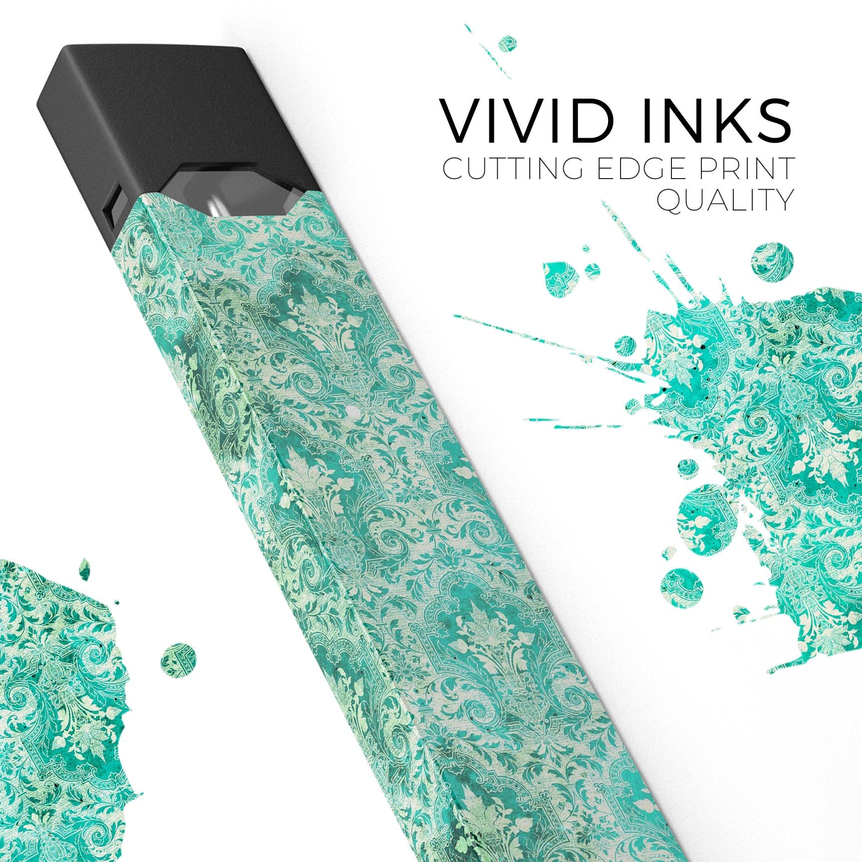 Grunge Teal Damask Pattern skin-wrap for JUUL vaping device, showcasing intricate design and premium quality.