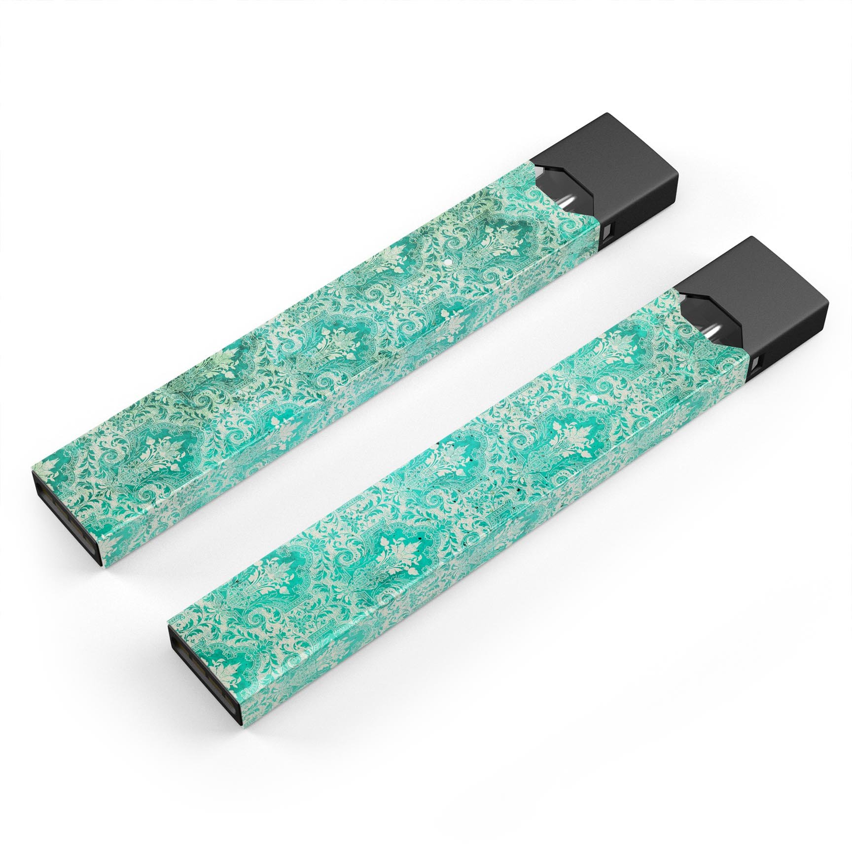 Grunge Teal Damask Pattern skin-wrap for JUUL vaping device, showcasing intricate design and premium quality.