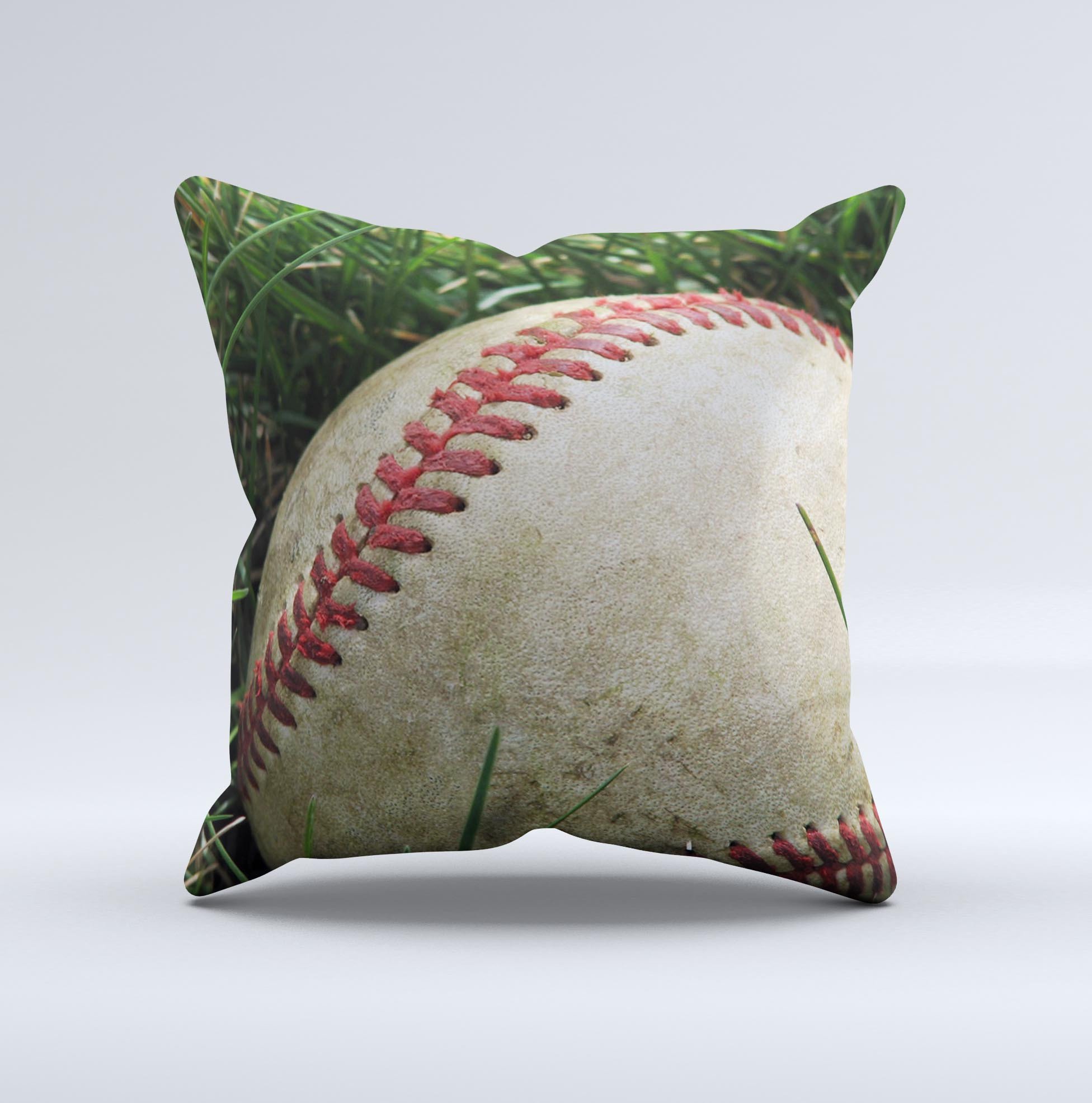 Grunge Worn Baseball Ink-Fuzed Decorative Throw Pillow featuring unique hand-produced graphic design, soft fabric, and plush filling.