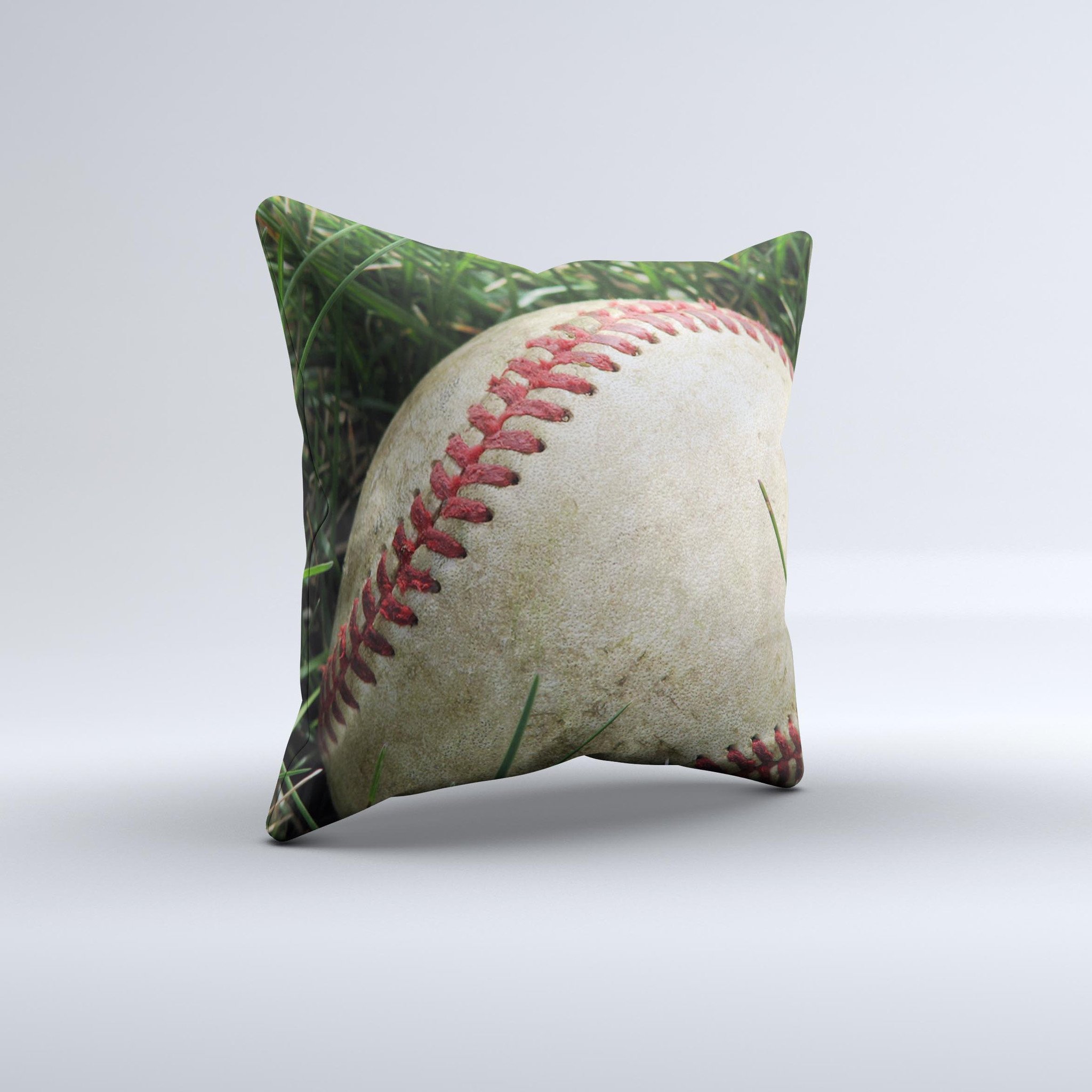 Grunge Worn Baseball Ink-Fuzed Decorative Throw Pillow featuring unique hand-produced graphic design, soft fabric, and plush filling.