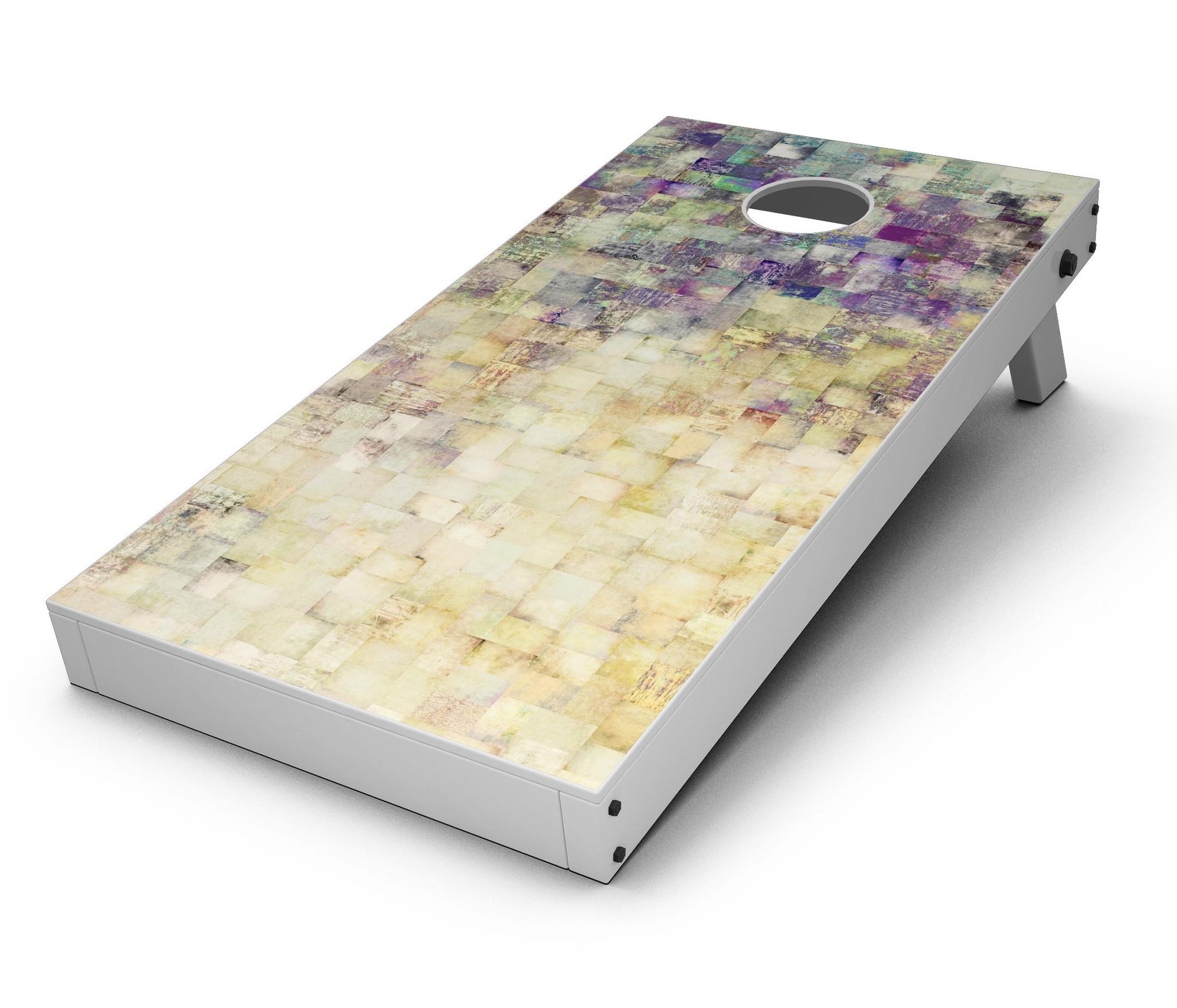 Grungy Abstract Purple Mosaic CornHole Board Skin Decal Kit displayed on a wooden surface, showcasing vibrant purple and abstract patterns.