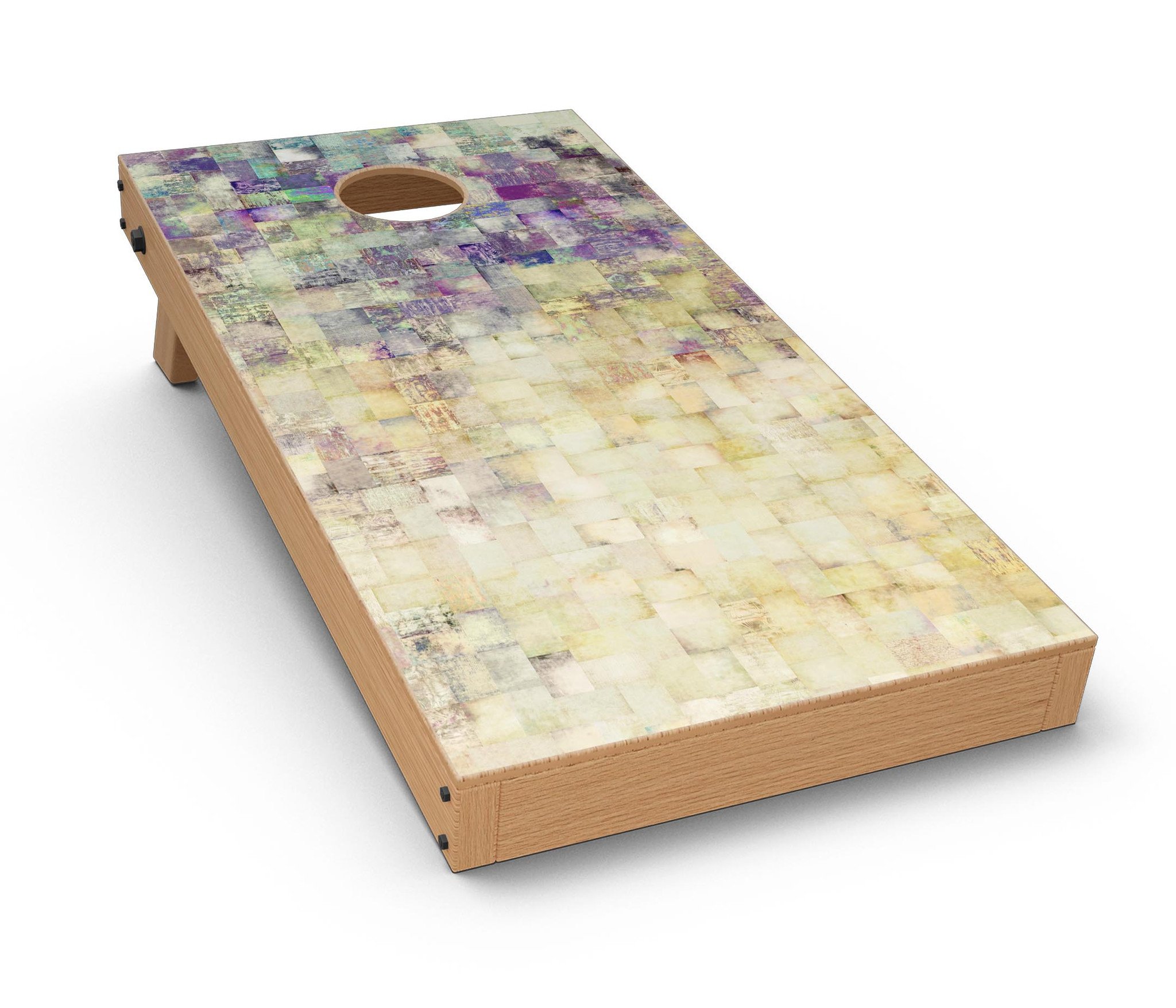 Grungy Abstract Purple Mosaic CornHole Board Skin Decal Kit displayed on a wooden surface, showcasing vibrant purple and abstract patterns.