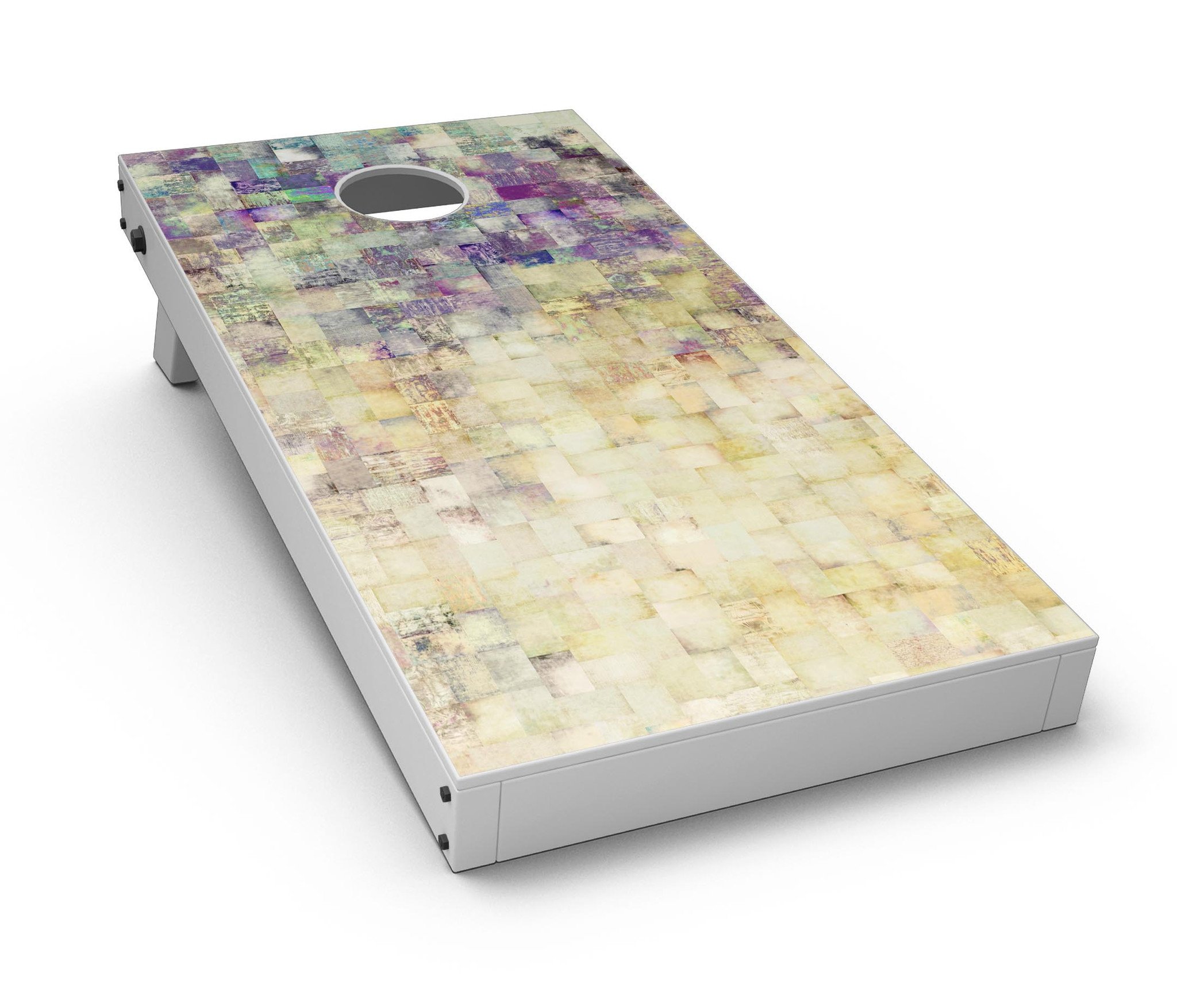 Grungy Abstract Purple Mosaic CornHole Board Skin Decal Kit displayed on a wooden surface, showcasing vibrant purple and abstract patterns.