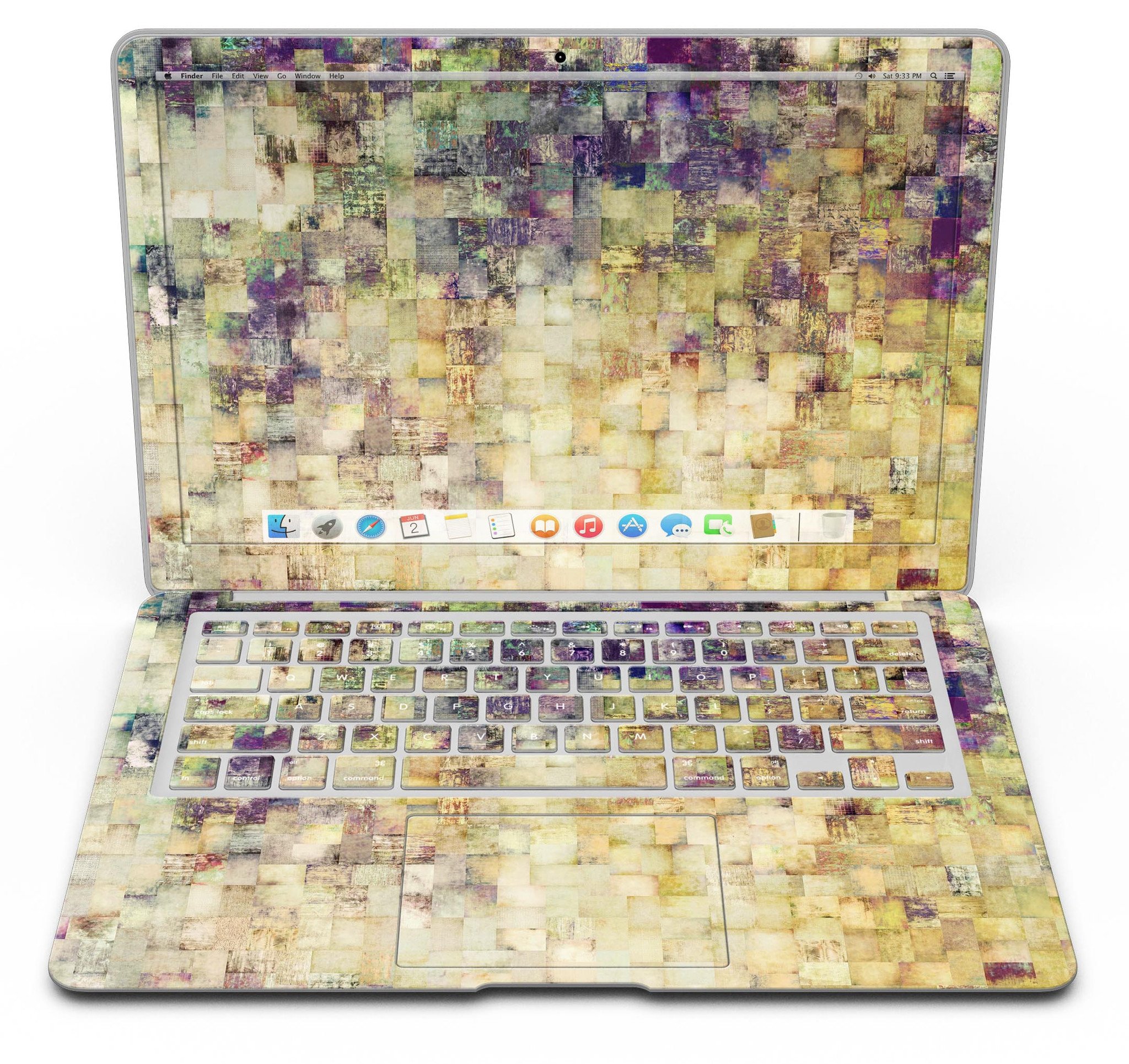 Grungy Abstract Purple Mosaic skin kit for MacBook Air, showcasing vibrant purple mosaic design on a sleek device.