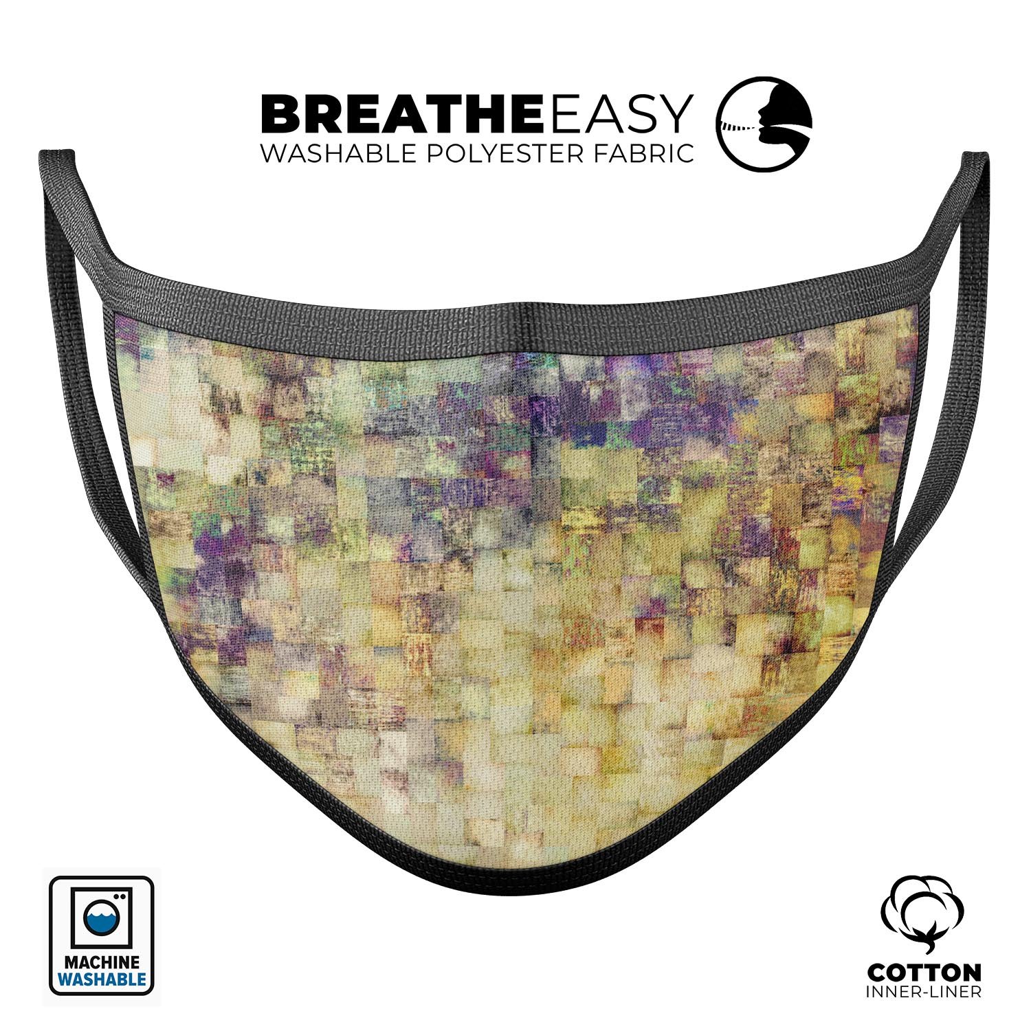 Grungy Abstract Purple Mosaic mouth cover, showcasing a vibrant purple mosaic design, made from soft cotton and featuring adjustable ear loops.