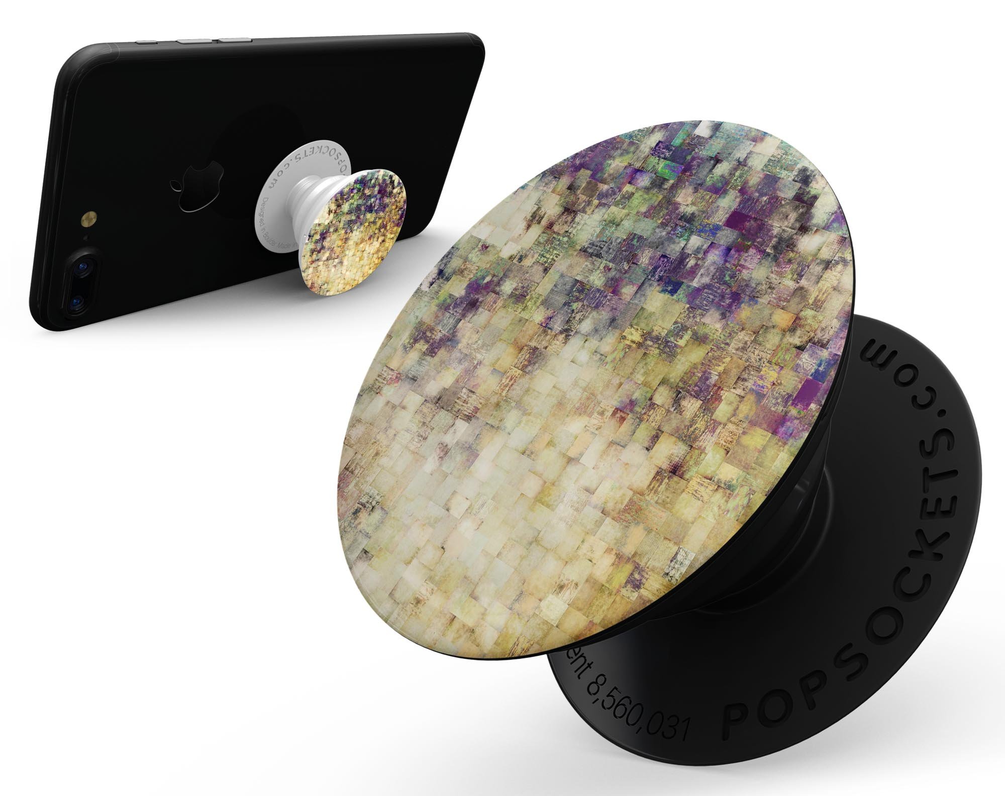 Grungy Abstract Purple Mosaic Skin Kit for PopSockets, showcasing vibrant purple mosaic design on a smartphone grip.