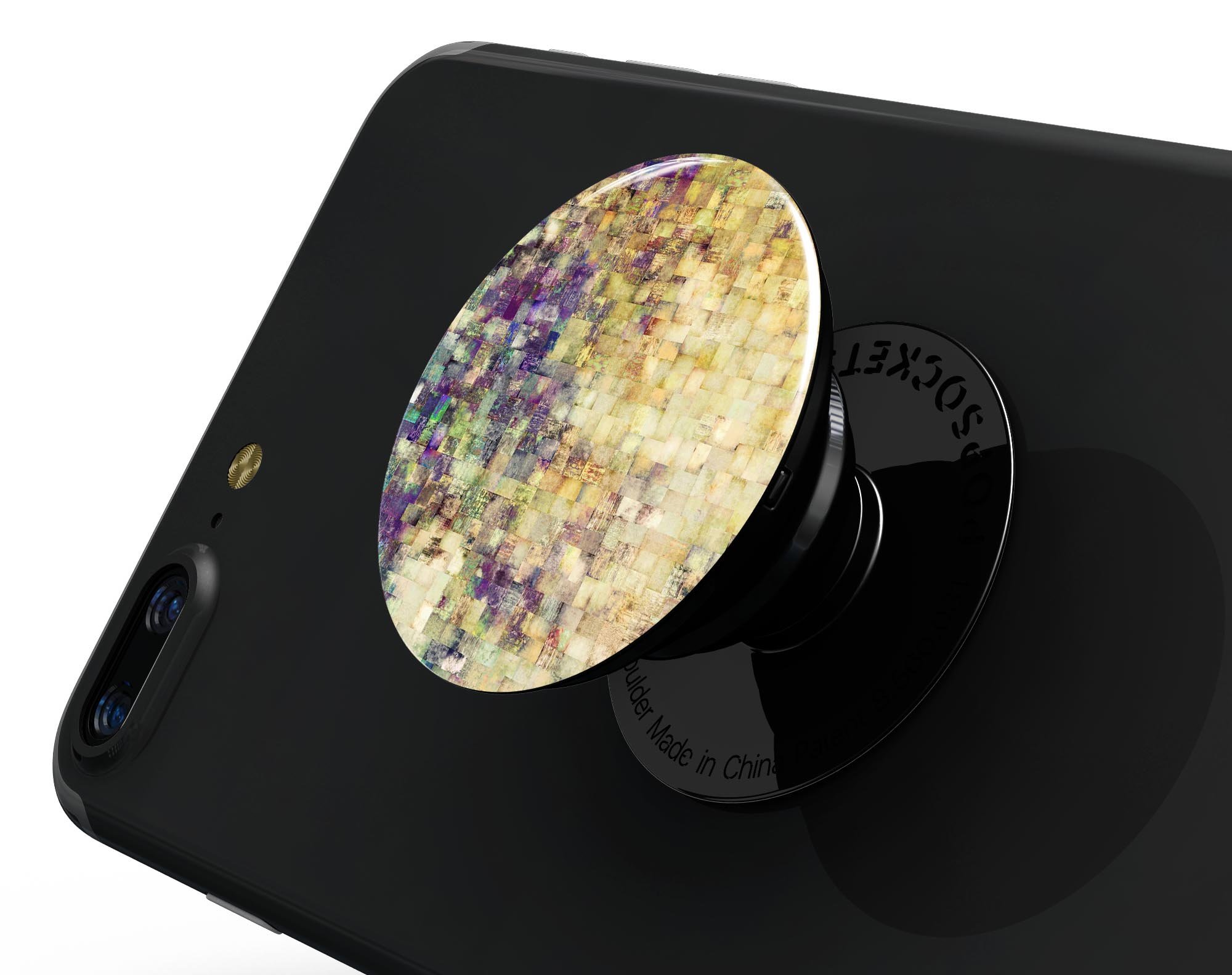 Grungy Abstract Purple Mosaic Skin Kit for PopSockets, showcasing vibrant purple mosaic design on a smartphone grip.