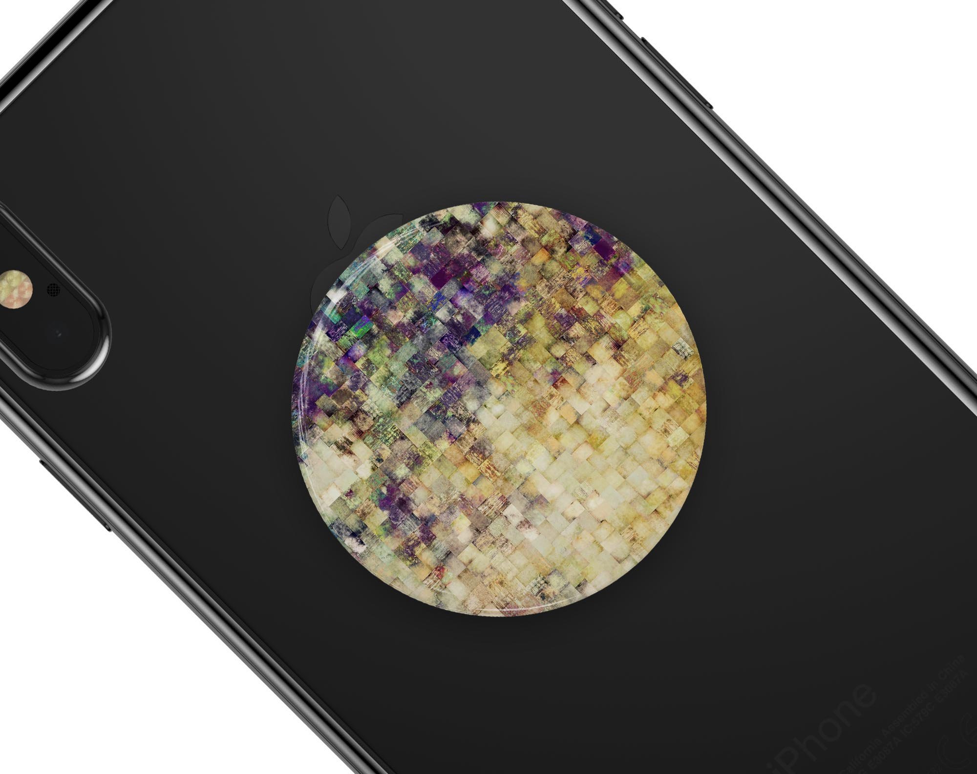 Grungy Abstract Purple Mosaic Skin Kit for PopSockets, showcasing vibrant purple mosaic design on a smartphone grip.