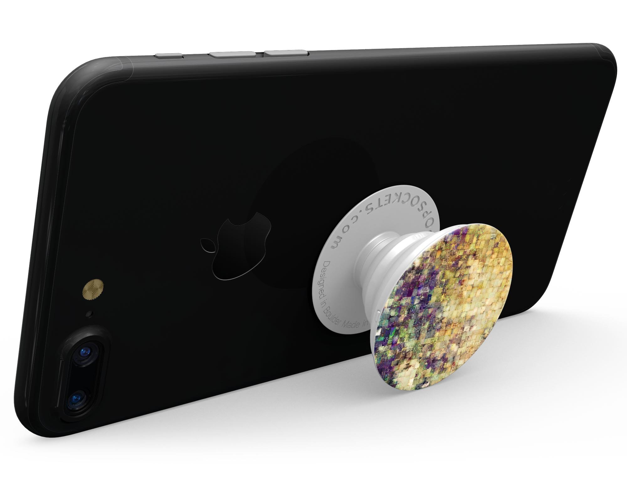 Grungy Abstract Purple Mosaic Skin Kit for PopSockets, showcasing vibrant purple mosaic design on a smartphone grip.