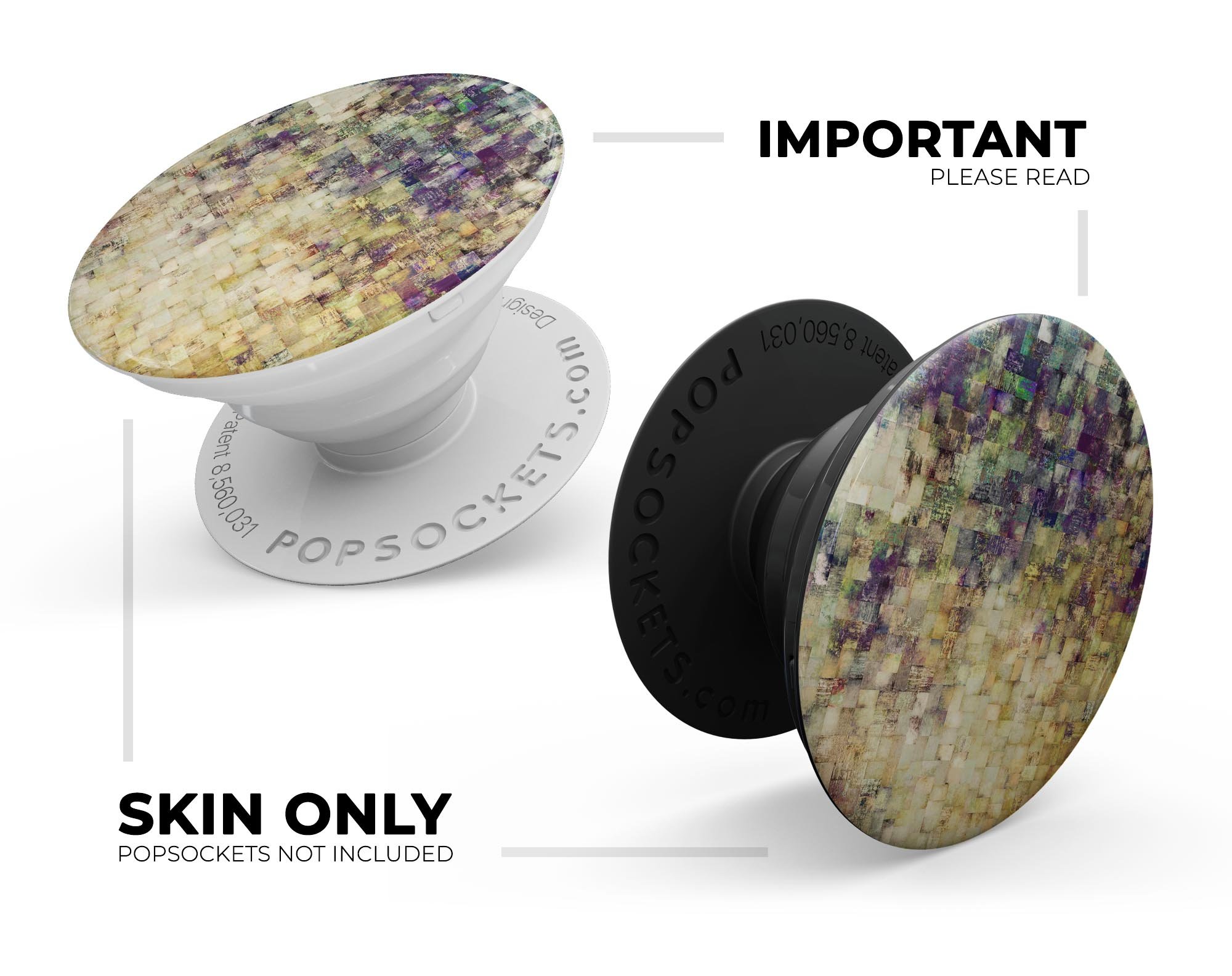 Grungy Abstract Purple Mosaic Skin Kit for PopSockets, showcasing vibrant purple mosaic design on a smartphone grip.