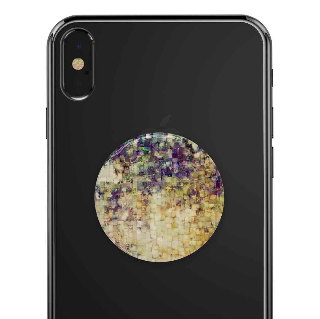 Grungy Abstract Purple Mosaic Skin Kit for PopSockets, showcasing vibrant purple mosaic design on a smartphone grip.