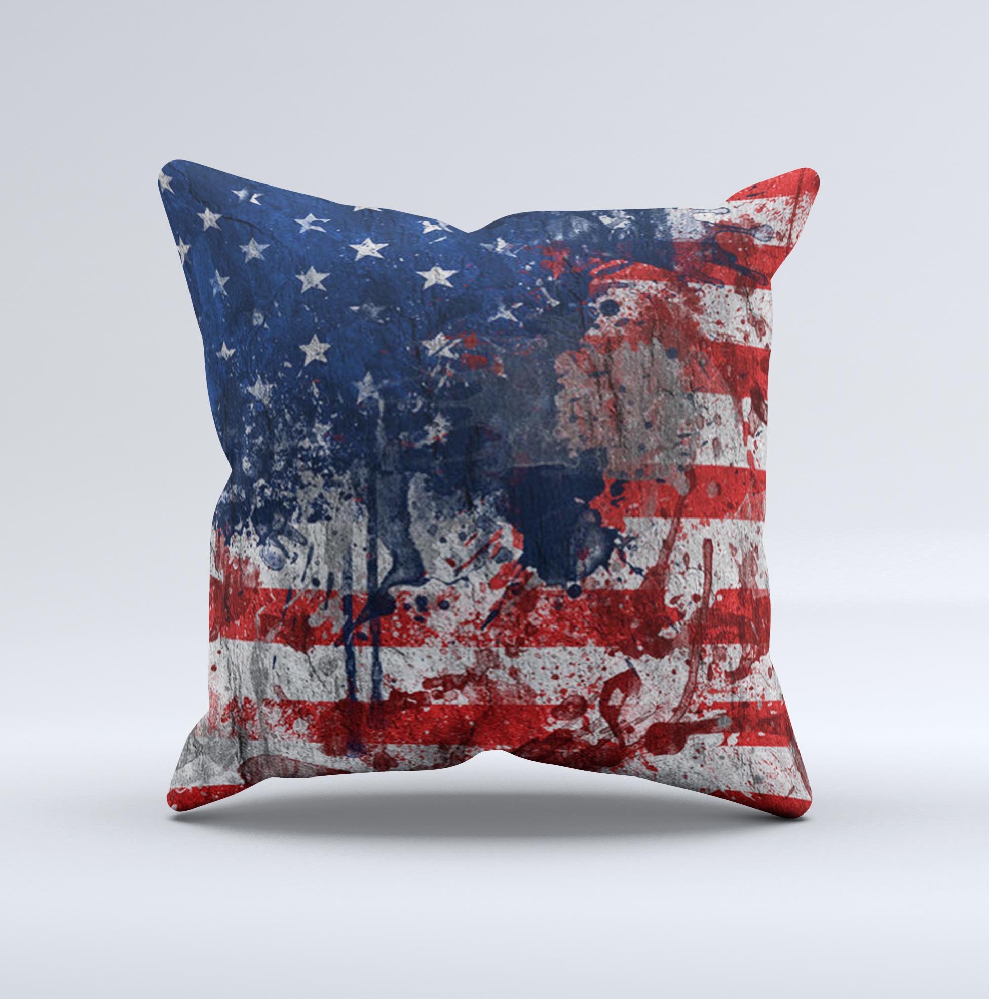 Grungy American Flag Ink-Fuzed Decorative Throw Pillow showcasing a unique design with vibrant colors and a textured fabric.