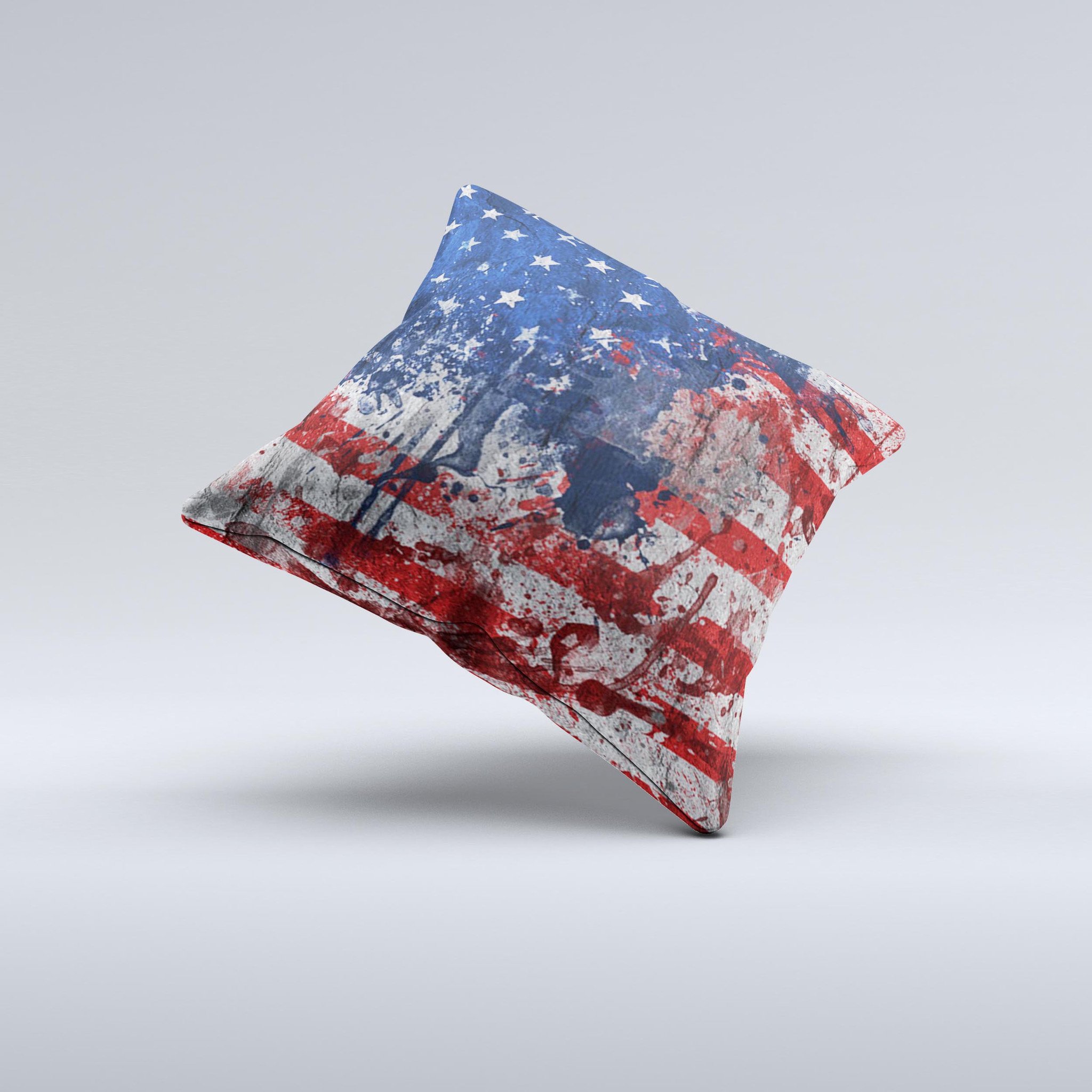 Grungy American Flag Ink-Fuzed Decorative Throw Pillow showcasing a unique design with vibrant colors and a textured fabric.