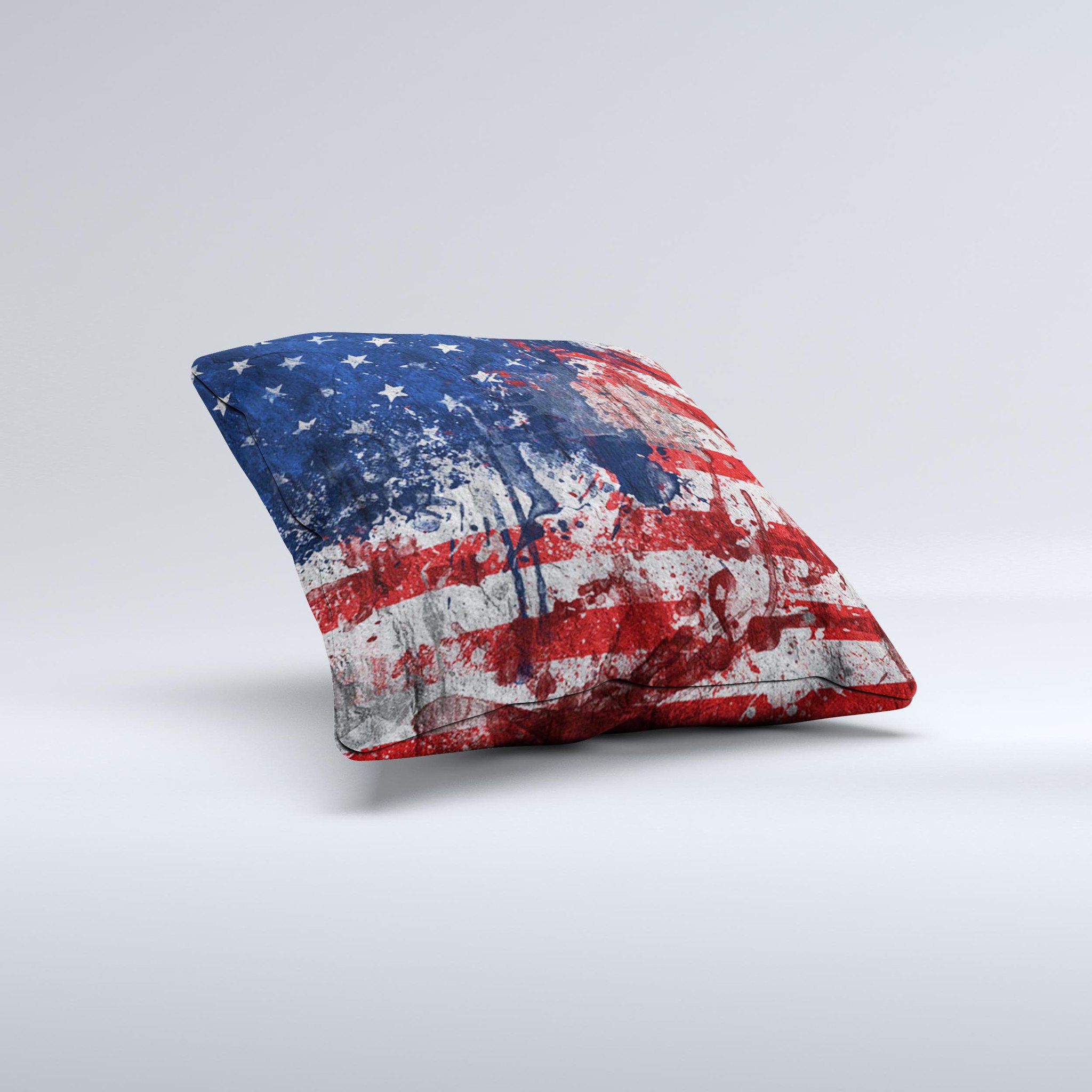 Grungy American Flag Ink-Fuzed Decorative Throw Pillow showcasing a unique design with vibrant colors and a textured fabric.