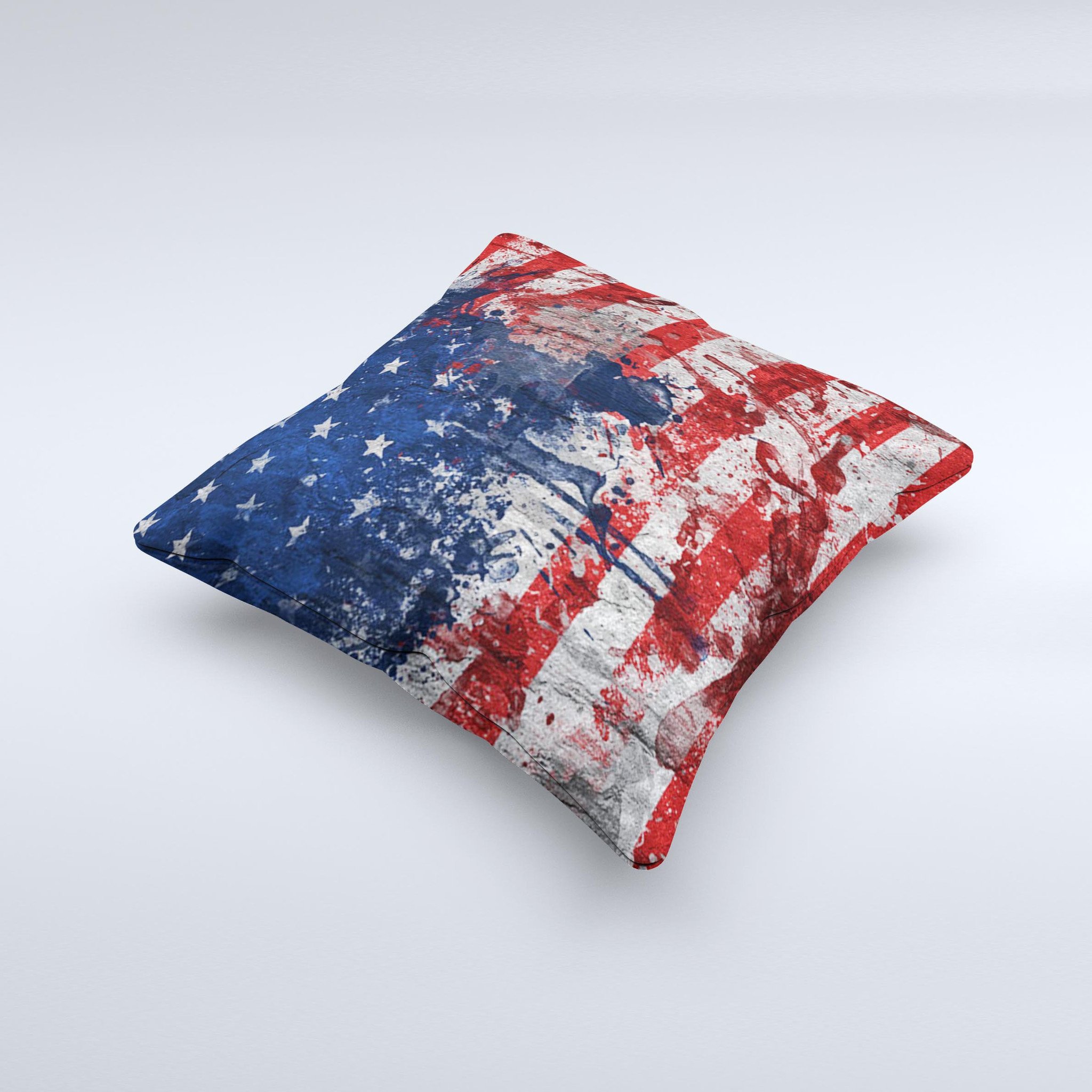 Grungy American Flag Ink-Fuzed Decorative Throw Pillow showcasing a unique design with vibrant colors and a textured fabric.