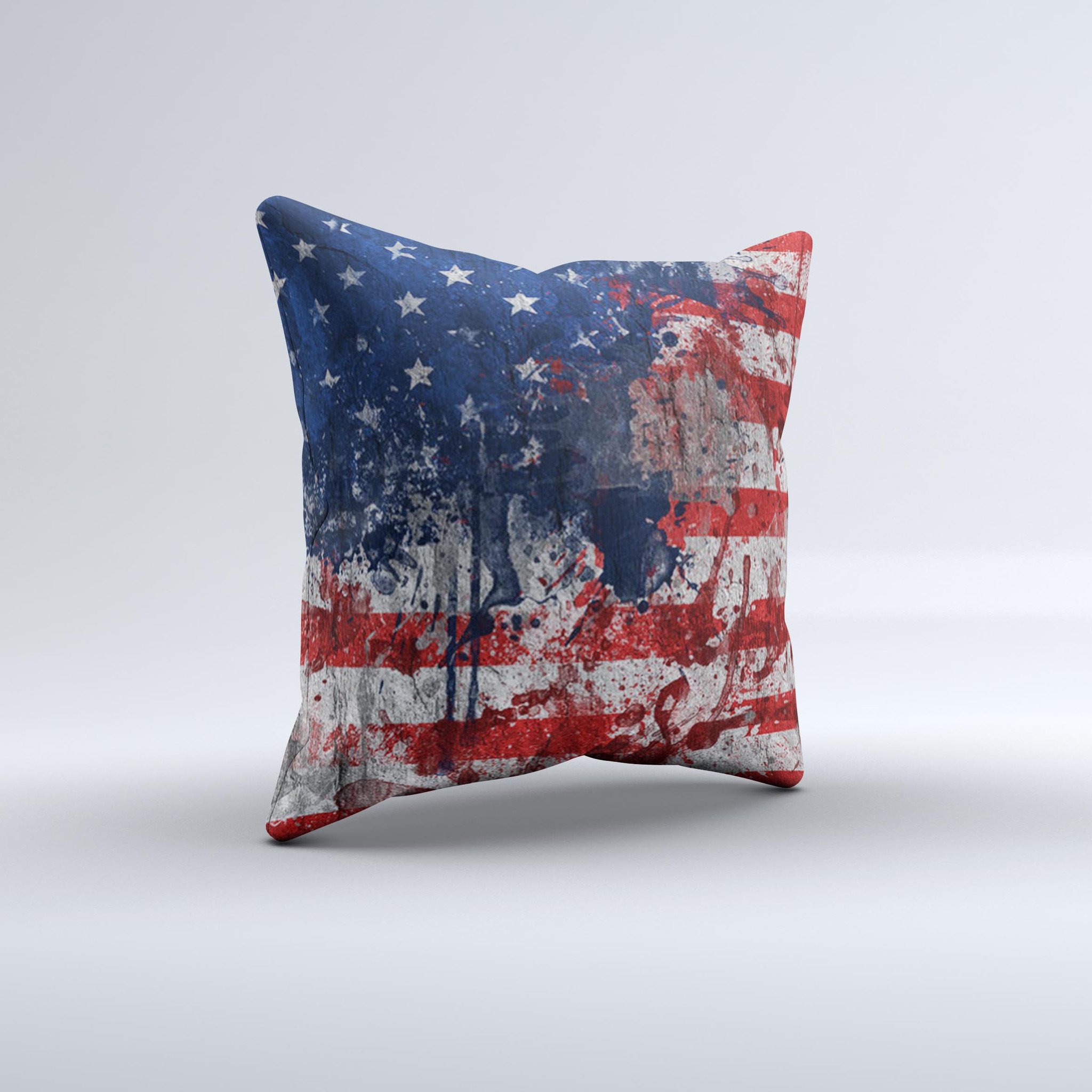 Grungy American Flag Ink-Fuzed Decorative Throw Pillow showcasing a unique design with vibrant colors and a textured fabric.