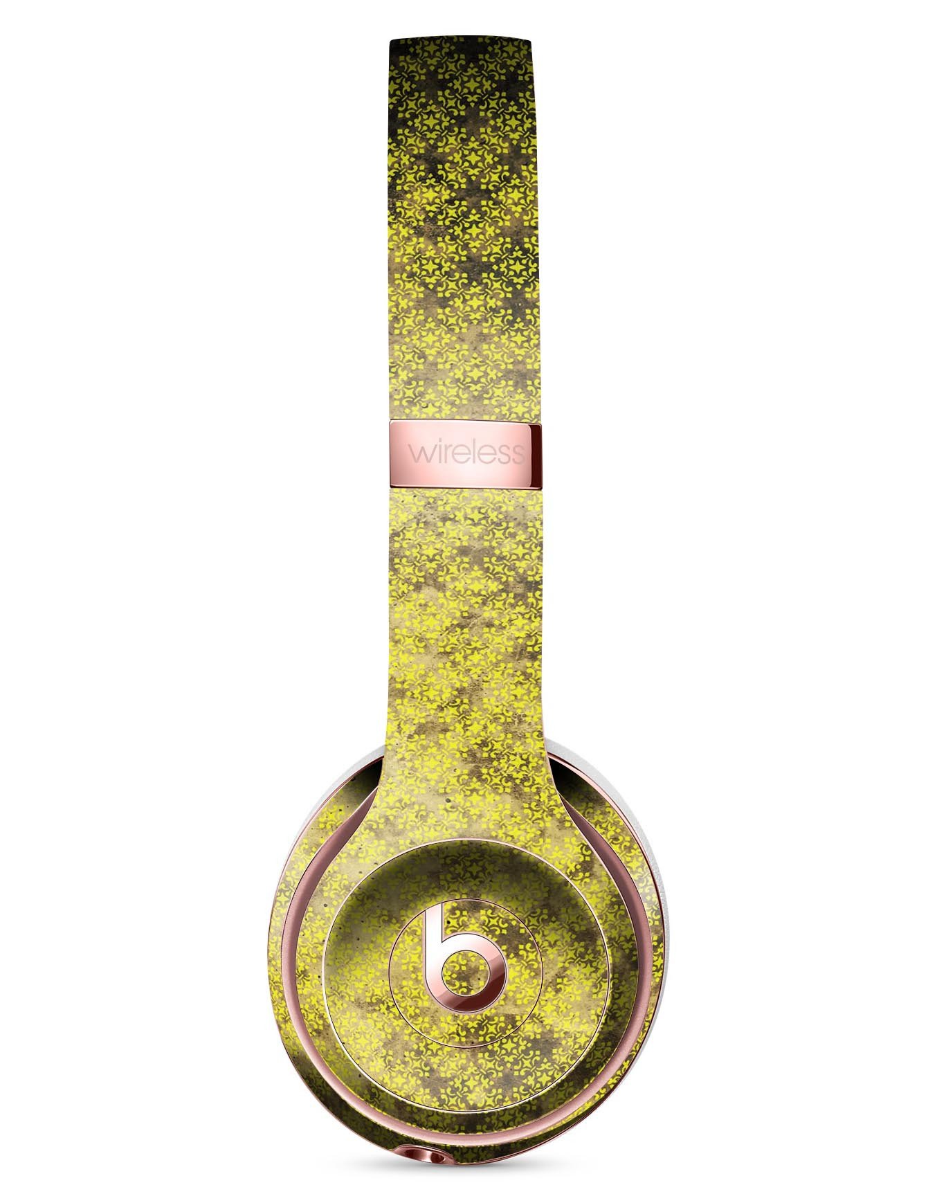 Grungy Black and Yellow Rococo Pattern Skin Kit for Beats by Dre Solo 3 Wireless Headphones, showcasing vibrant design and premium vinyl material.