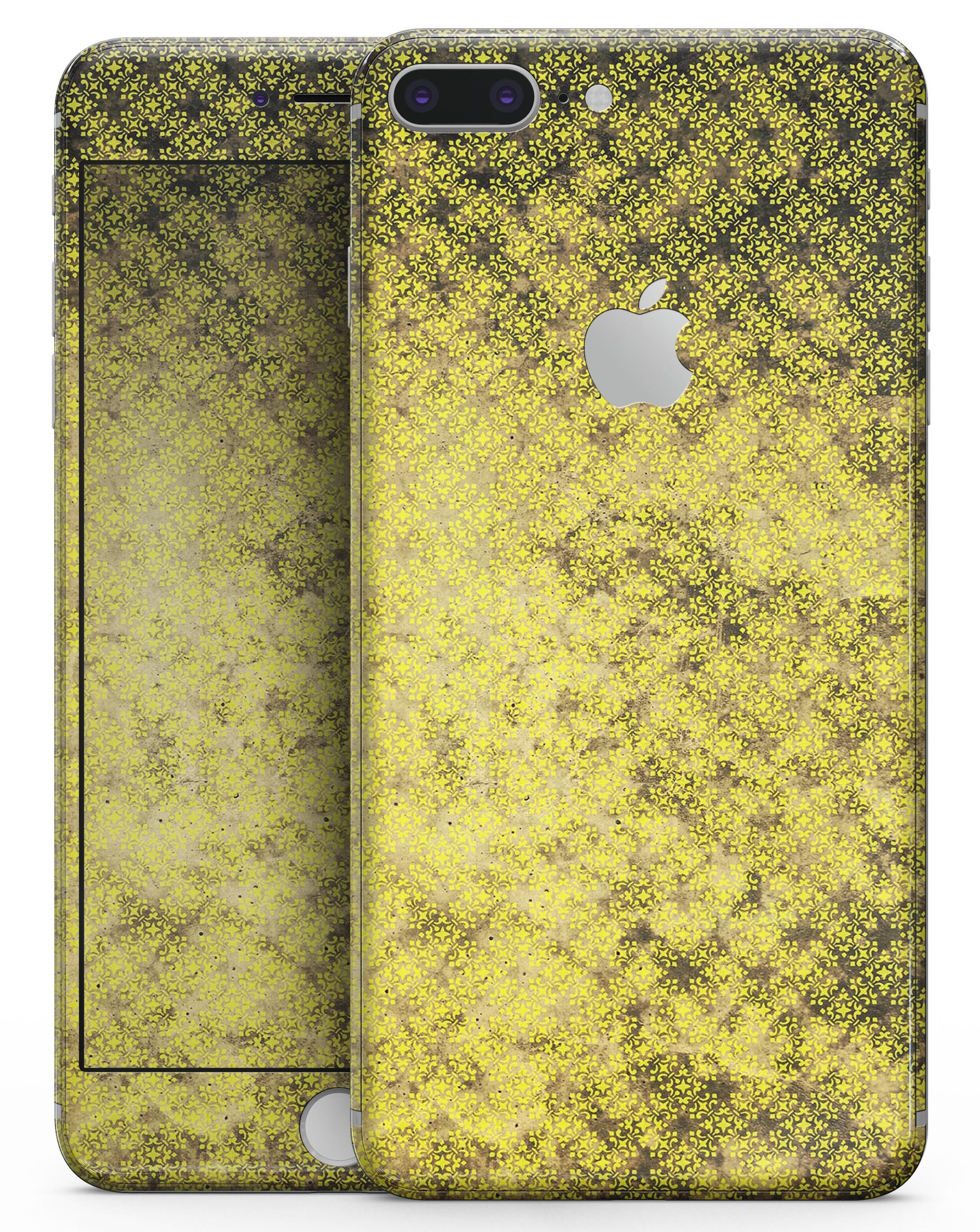 Grungy Black and Yellow Rococo Pattern skin for iPhone 8 and 8 Plus, showcasing a stylish design with intricate details.