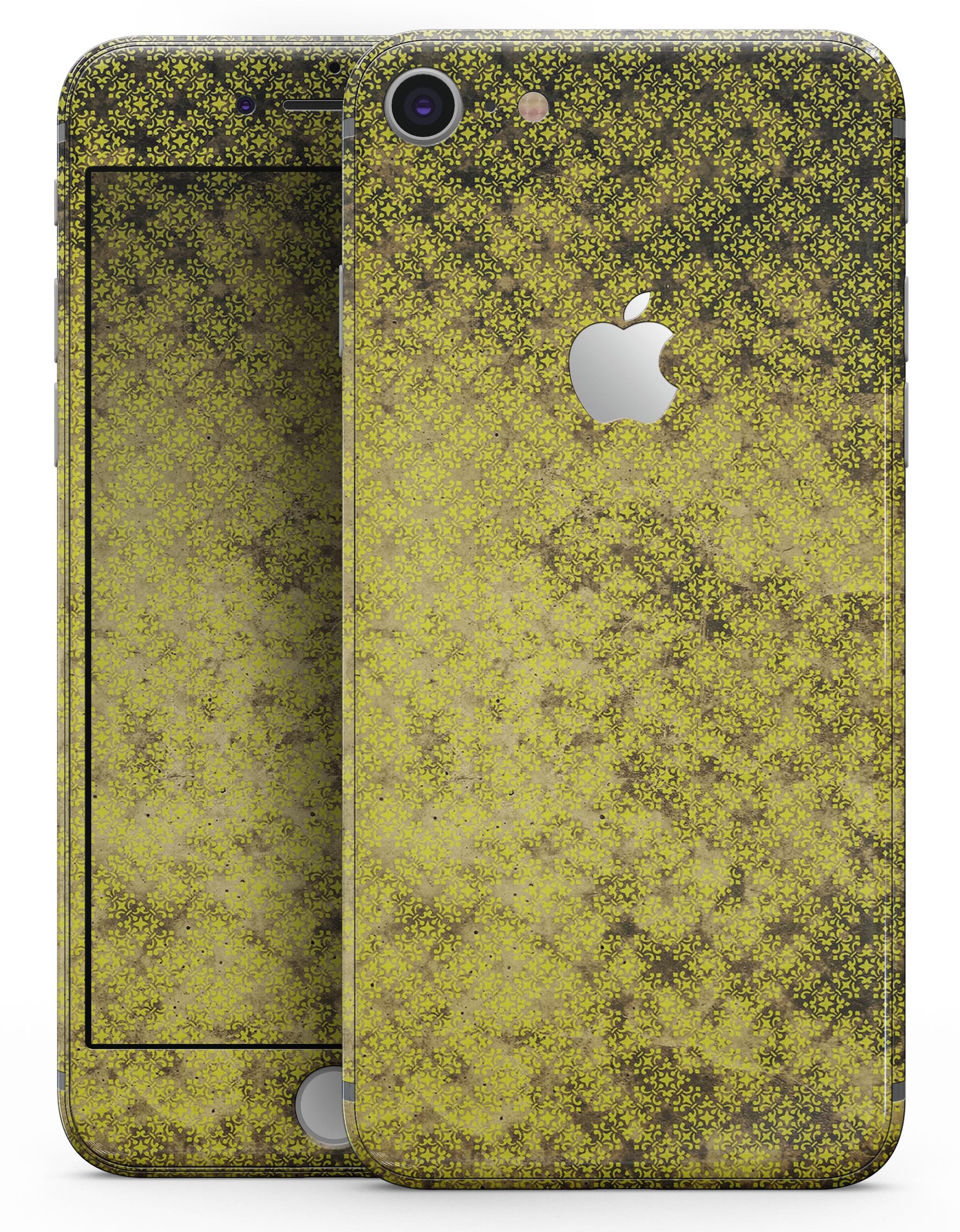 Grungy Black and Yellow Rococo Pattern skin for iPhone 8 and 8 Plus, showcasing a stylish design with intricate details.