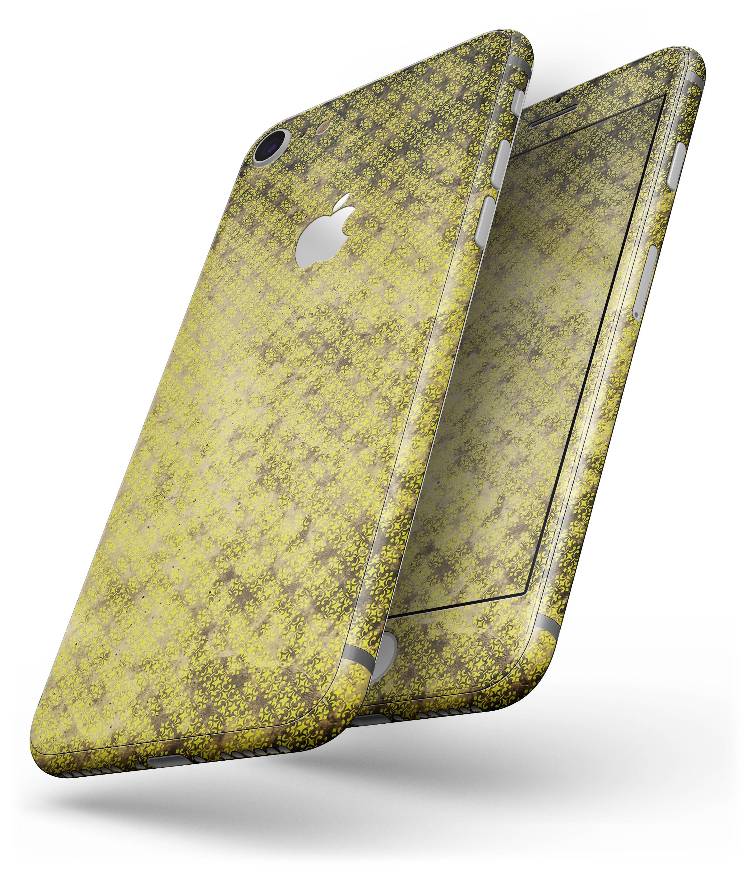 Grungy Black and Yellow Rococo Pattern skin for iPhone 8 and 8 Plus, showcasing a stylish design with intricate details.