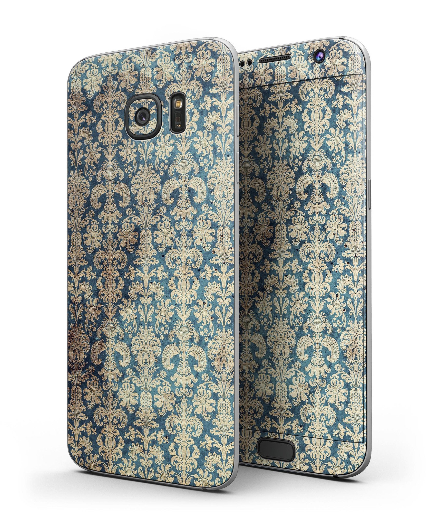 Grungy Blue and Tan Rococo Pattern skin kit for Samsung Galaxy S7/S7 Edge, showcasing vibrant colors and intricate design.