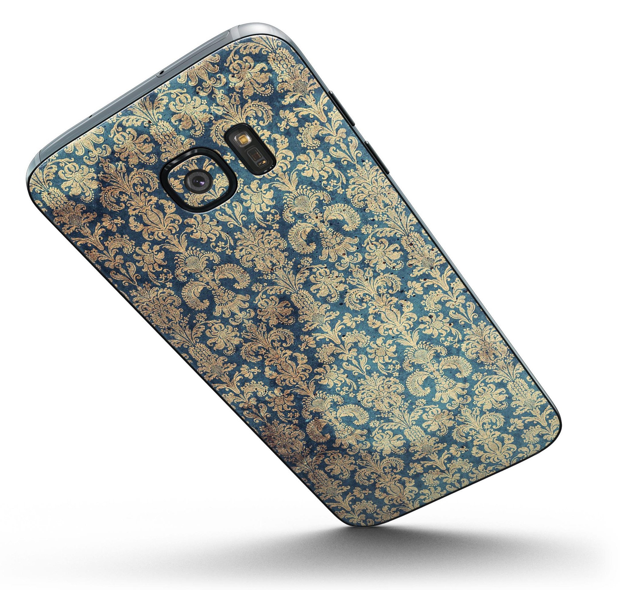 Grungy Blue and Tan Rococo Pattern skin kit for Samsung Galaxy S7/S7 Edge, showcasing vibrant colors and intricate design.