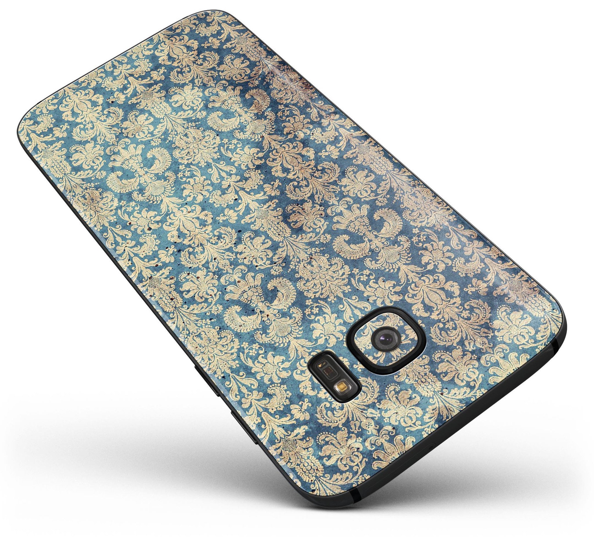 Grungy Blue and Tan Rococo Pattern skin kit for Samsung Galaxy S7/S7 Edge, showcasing vibrant colors and intricate design.