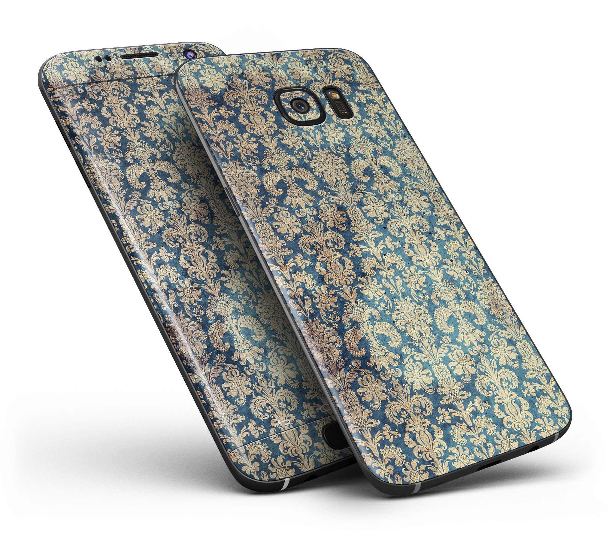 Grungy Blue and Tan Rococo Pattern skin kit for Samsung Galaxy S7/S7 Edge, showcasing vibrant colors and intricate design.