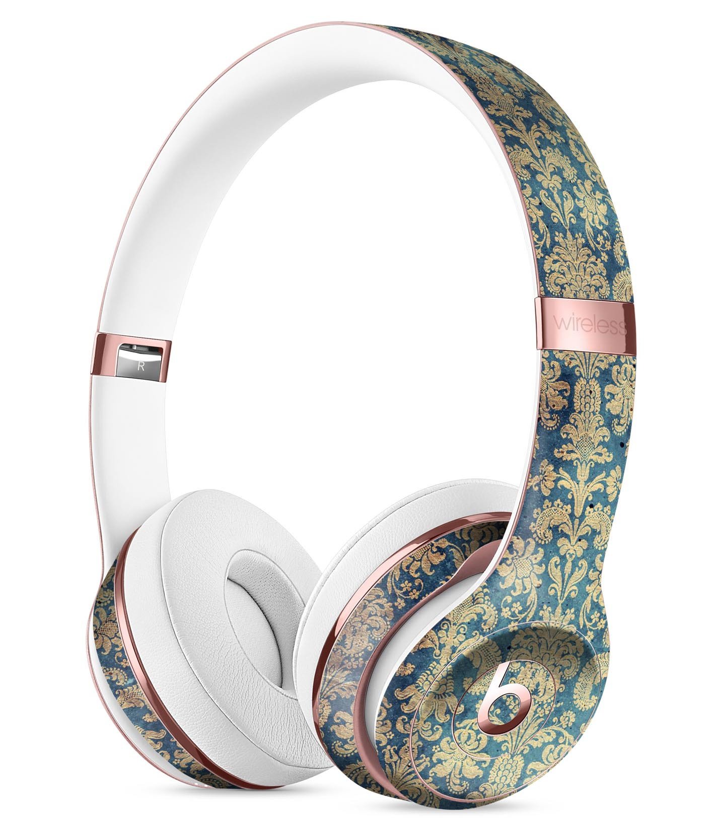 Grungy Blue and Tan Rococo Pattern Full-Body Skin Kit for Beats by Dre Solo 3 Wireless Headphones, showcasing stylish design and premium vinyl material.