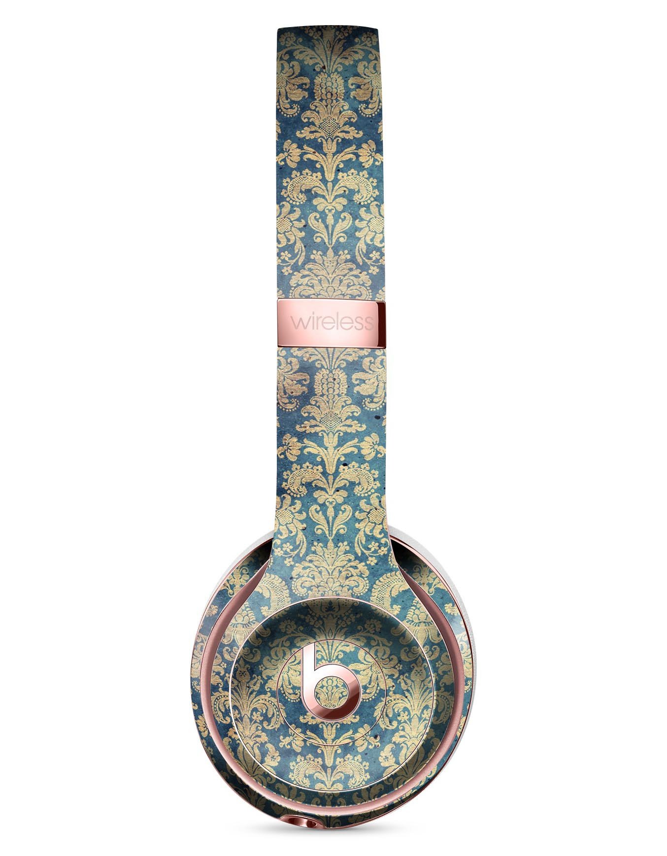 Grungy Blue and Tan Rococo Pattern Full-Body Skin Kit for Beats by Dre Solo 3 Wireless Headphones, showcasing stylish design and premium vinyl material.