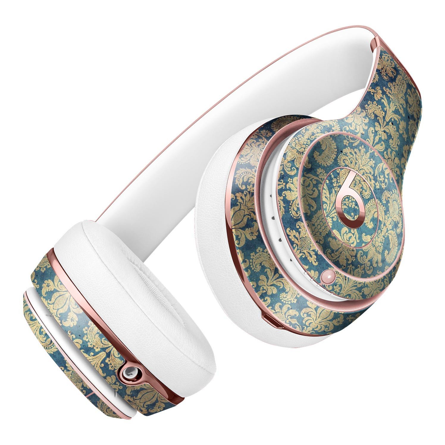 Grungy Blue and Tan Rococo Pattern Full-Body Skin Kit for Beats by Dre Solo 3 Wireless Headphones, showcasing stylish design and premium vinyl material.