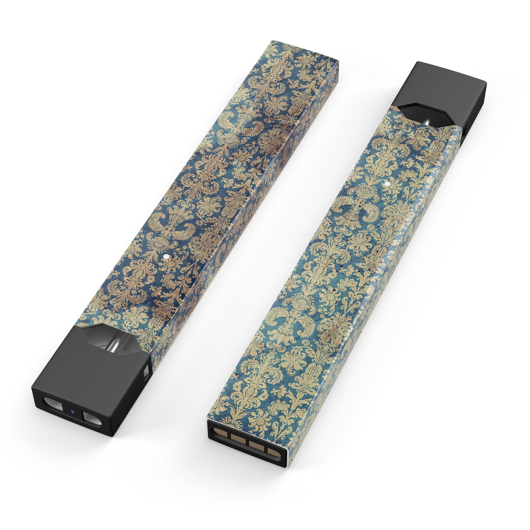 Grungy Blue and Tan Rococo Pattern decal skin for JUUL vaping device, showcasing intricate design and premium quality.