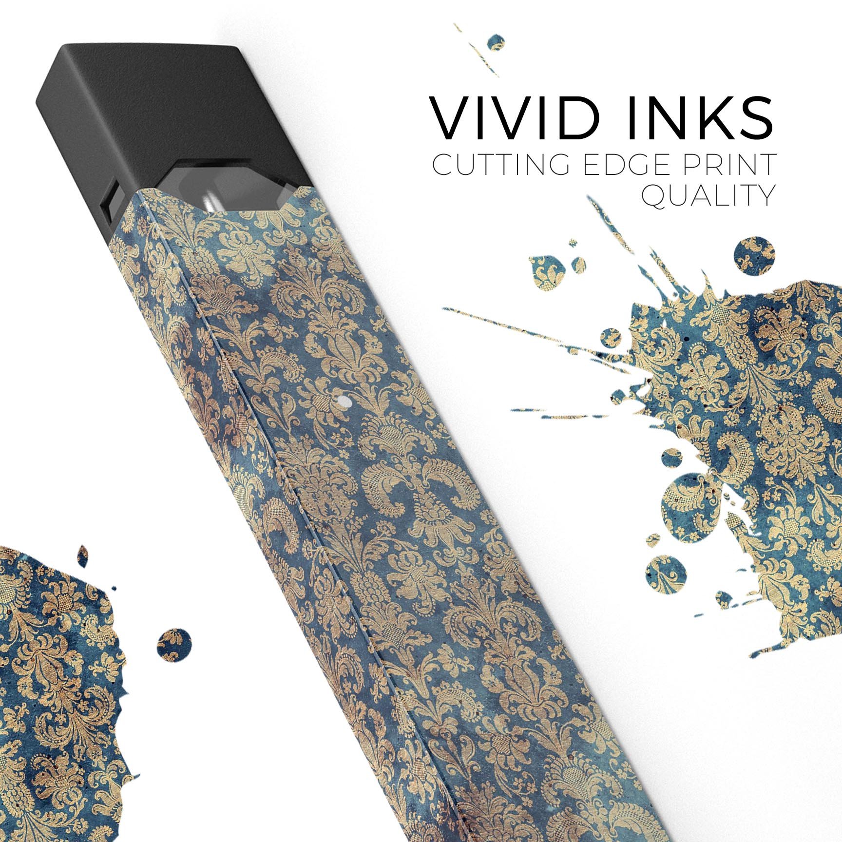 Grungy Blue and Tan Rococo Pattern decal skin for JUUL vaping device, showcasing intricate design and premium quality.