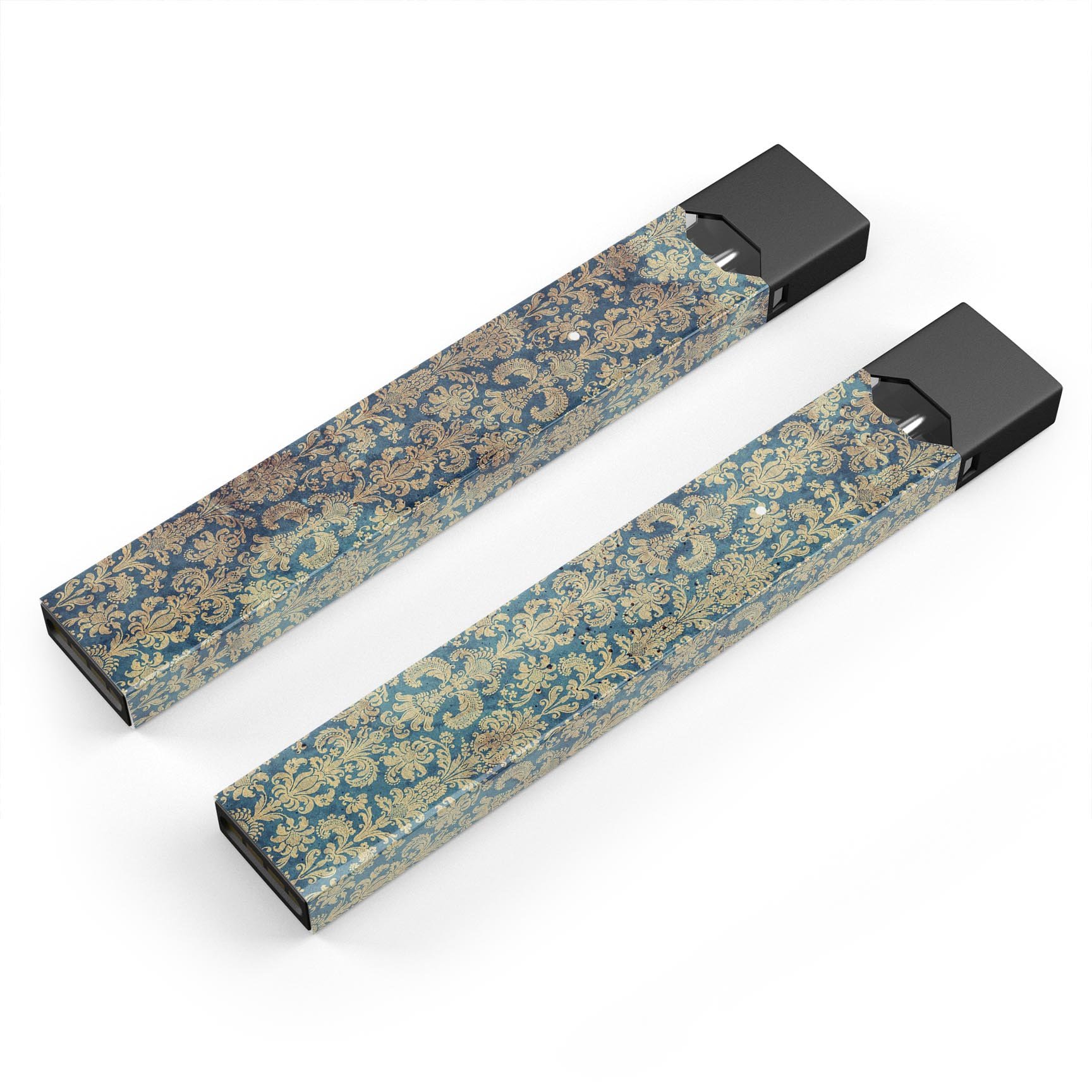 Grungy Blue and Tan Rococo Pattern decal skin for JUUL vaping device, showcasing intricate design and premium quality.