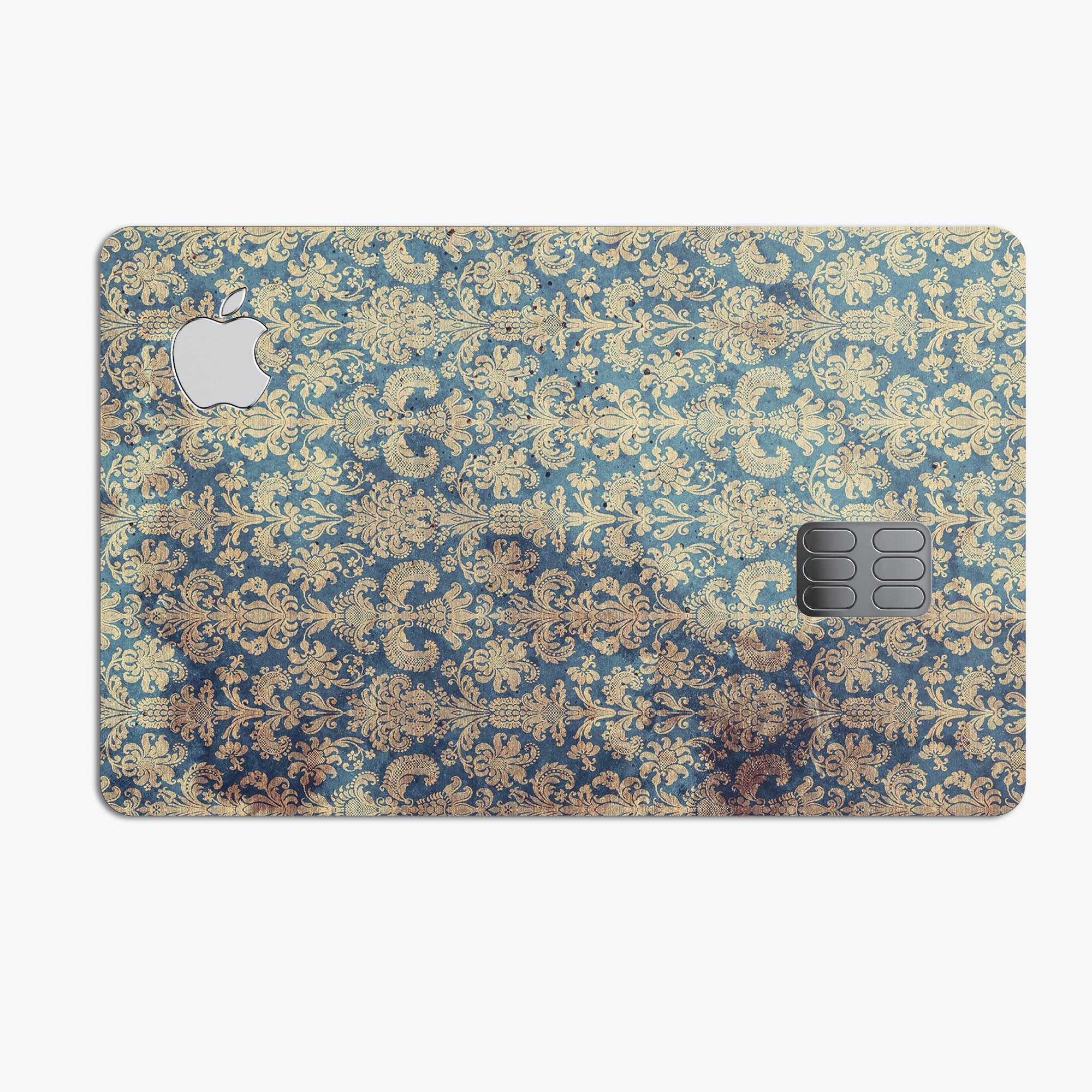 Grungy Blue and Tan Rococo Pattern skin for Apple Card, showcasing its stylish design and premium quality.