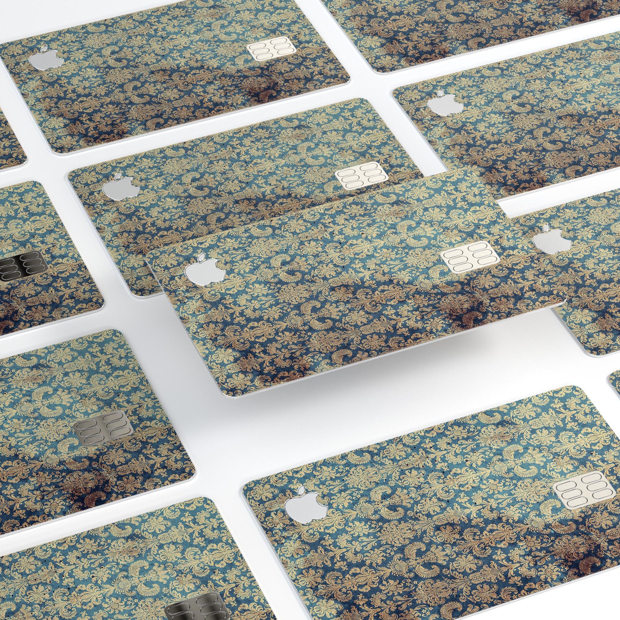 Grungy Blue and Tan Rococo Pattern skin for Apple Card, showcasing its stylish design and premium quality.