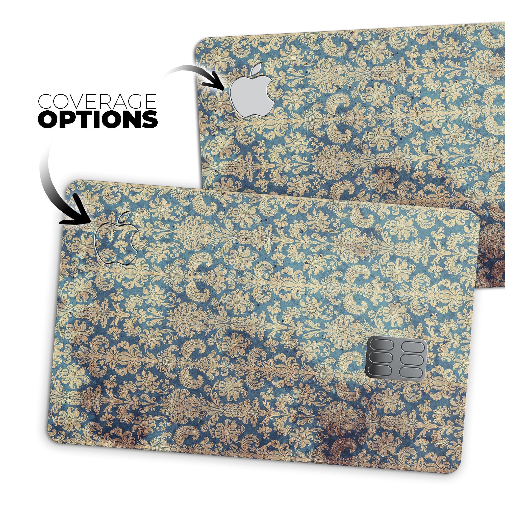 Grungy Blue and Tan Rococo Pattern skin for Apple Card, showcasing its stylish design and premium quality.