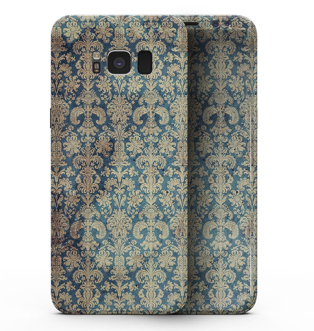 Samsung Galaxy S8 with Grungy Blue and Tan Rococo Pattern skin, showcasing its stylish design and full-body coverage.