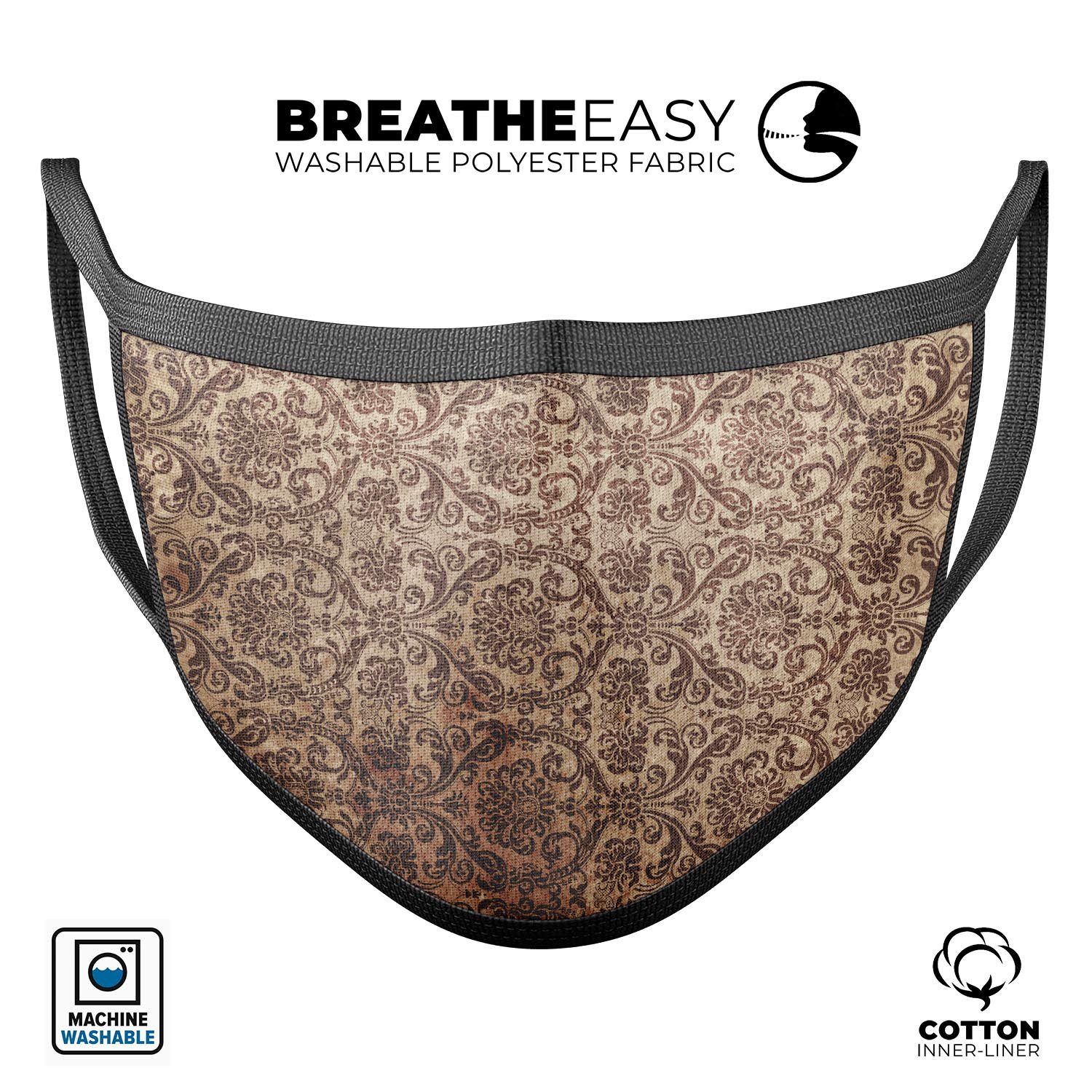 Grungy Brown and Tan Horizontal Rococo Pattern face mask, showcasing a stylish design with adjustable ear loops.