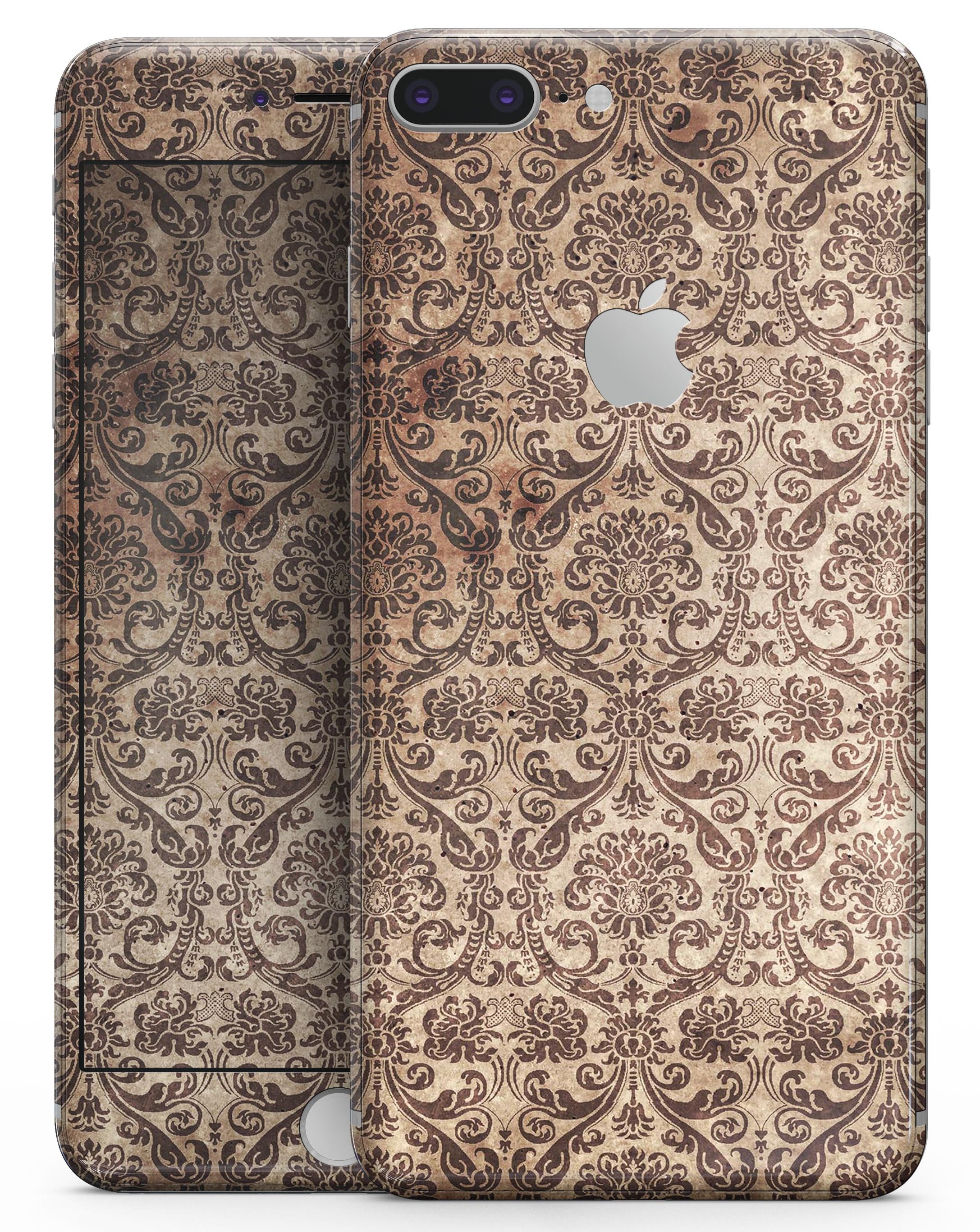 Grungy Brown and Tan Horizontal Rococo Pattern skin for iPhone 8 and 8 Plus, showcasing elegant design and premium vinyl material.