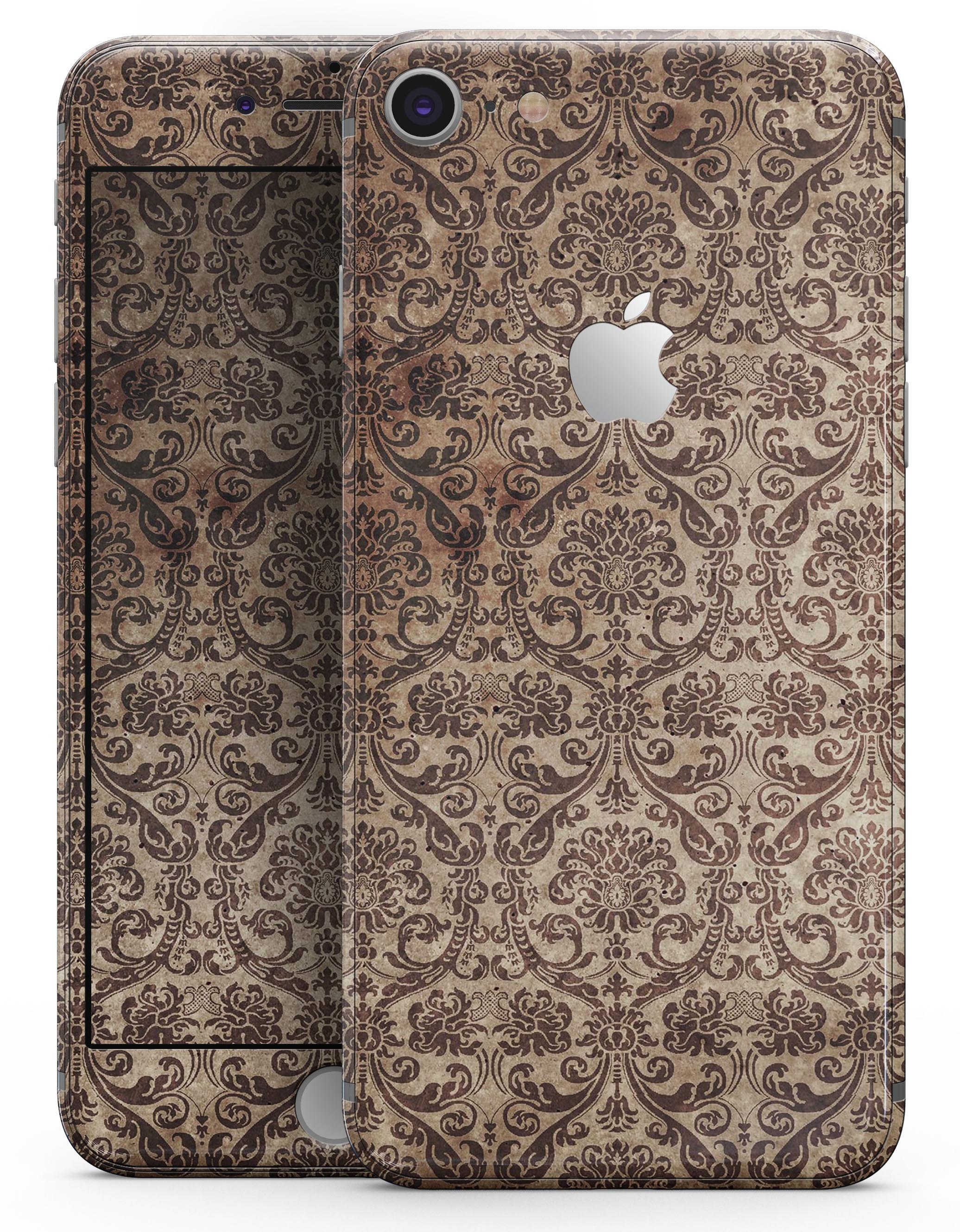 Grungy Brown and Tan Horizontal Rococo Pattern skin for iPhone 8 and 8 Plus, showcasing elegant design and premium vinyl material.