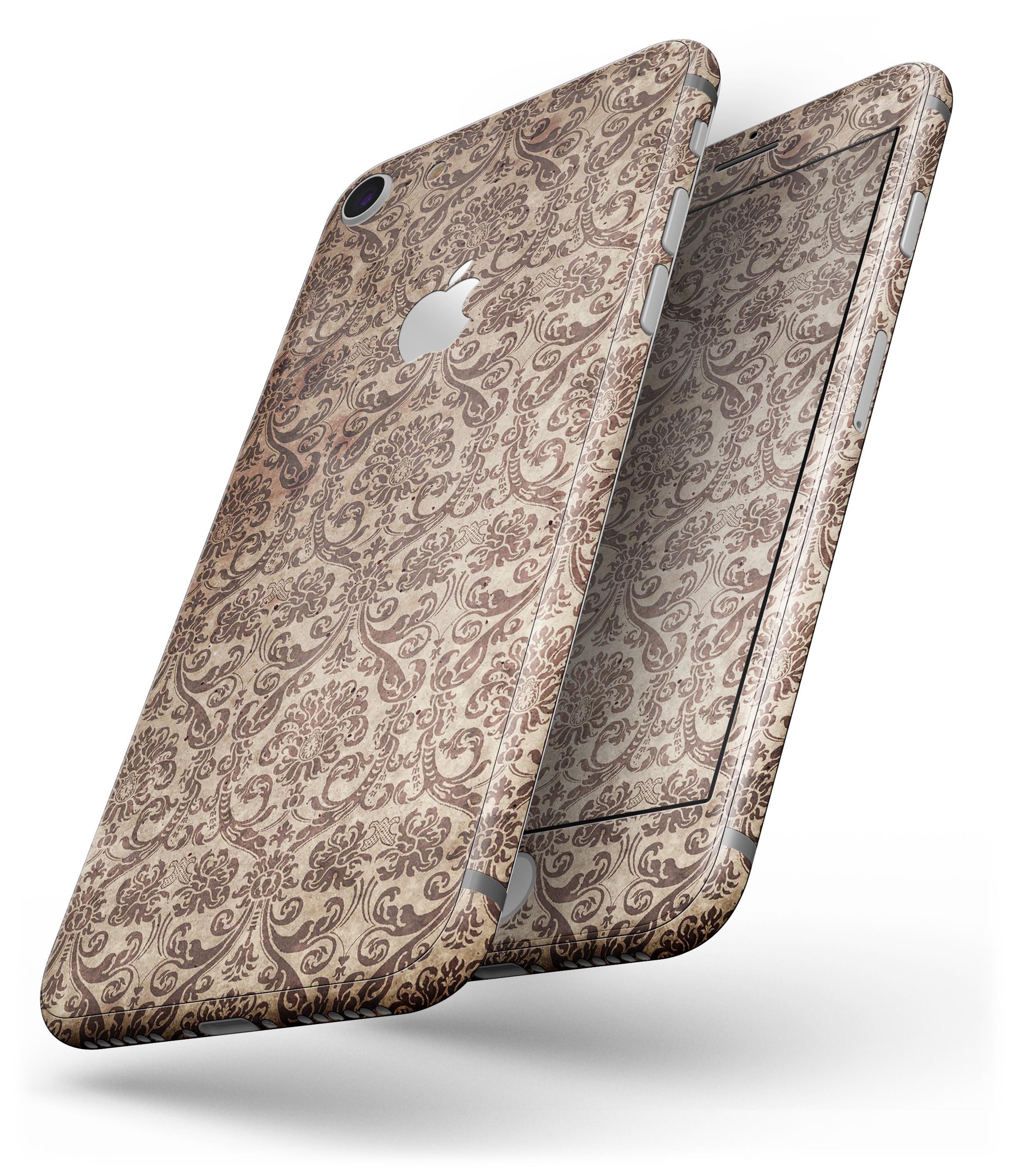 Grungy Brown and Tan Horizontal Rococo Pattern skin for iPhone 8 and 8 Plus, showcasing elegant design and premium vinyl material.