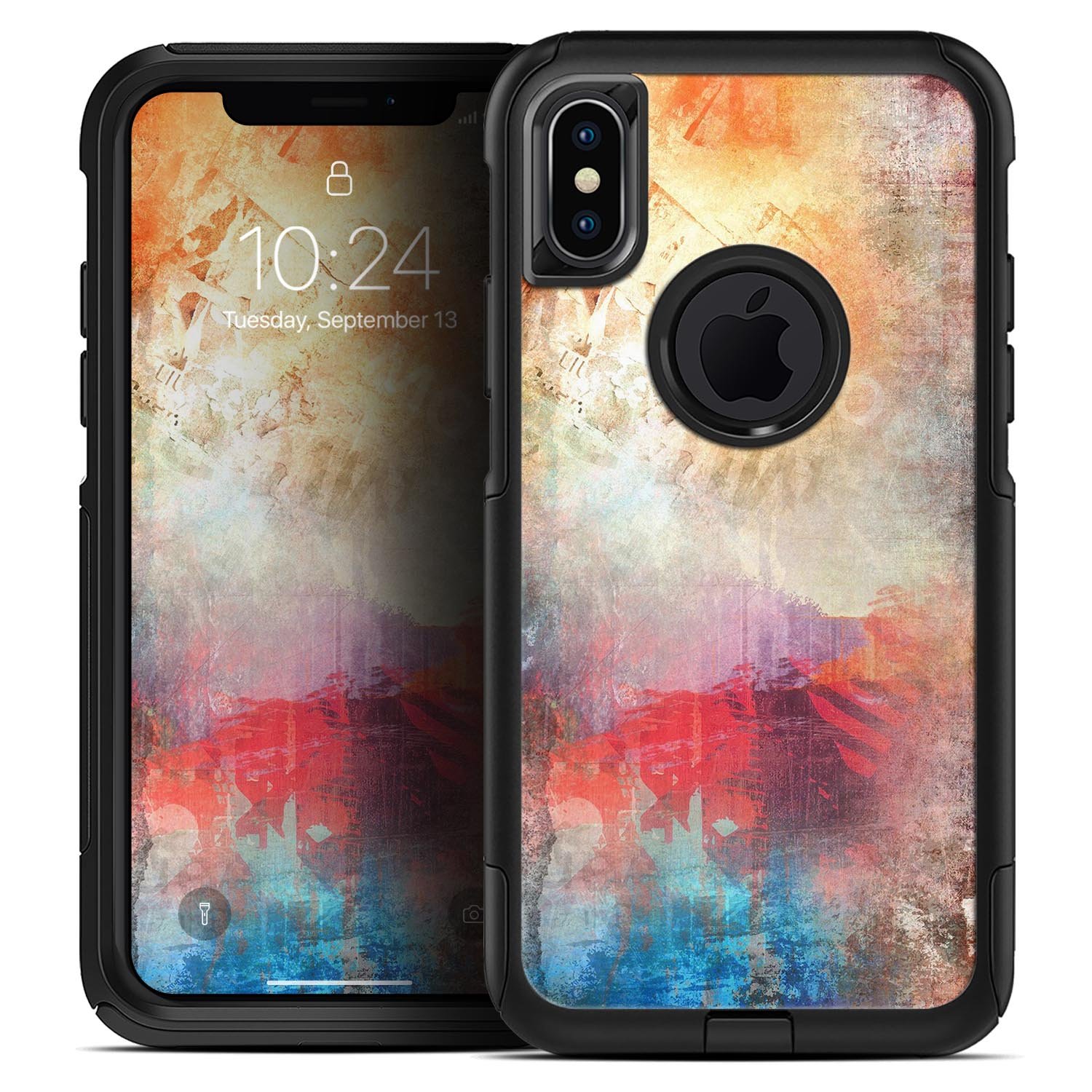 Grungy Colorful Faded Paint Skin Kit for iPhone OtterBox Cases, showcasing vibrant colors and unique design.