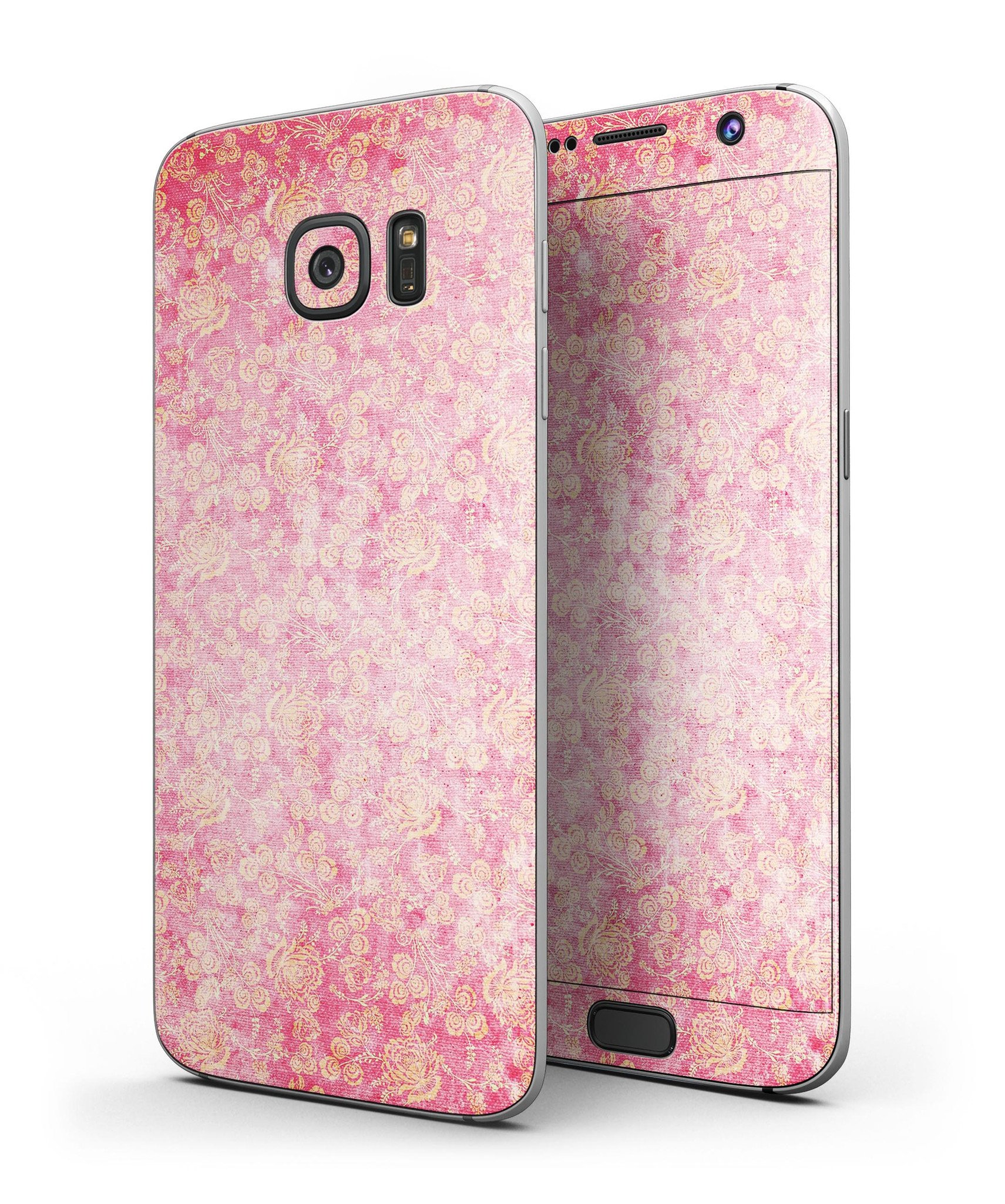 Grungy Floral Pattern Skin-Kit for Samsung Galaxy S7/S7 Edge in scratched pink design, showcasing vibrant floral graphics.