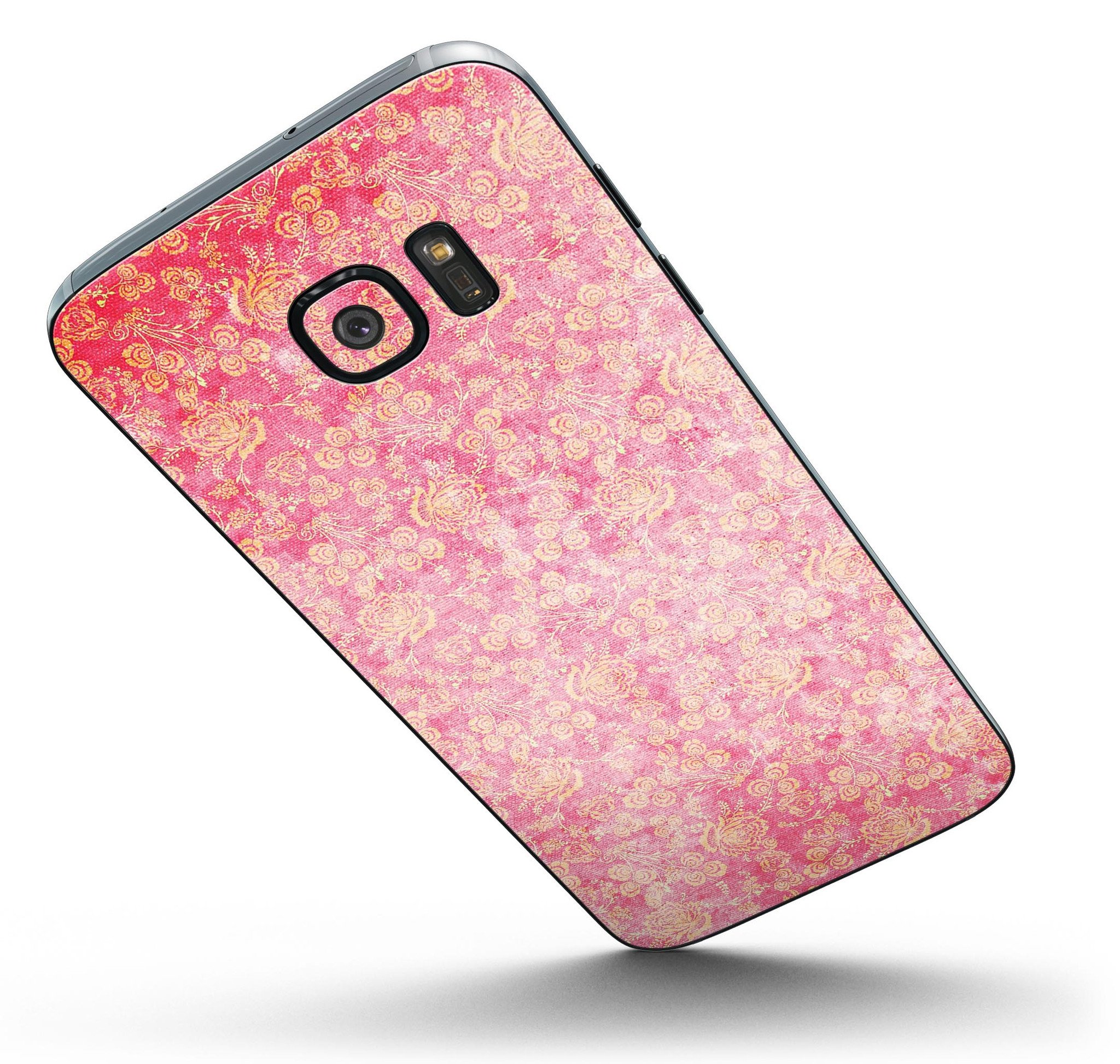 Grungy Floral Pattern Skin-Kit for Samsung Galaxy S7/S7 Edge in scratched pink design, showcasing vibrant floral graphics.