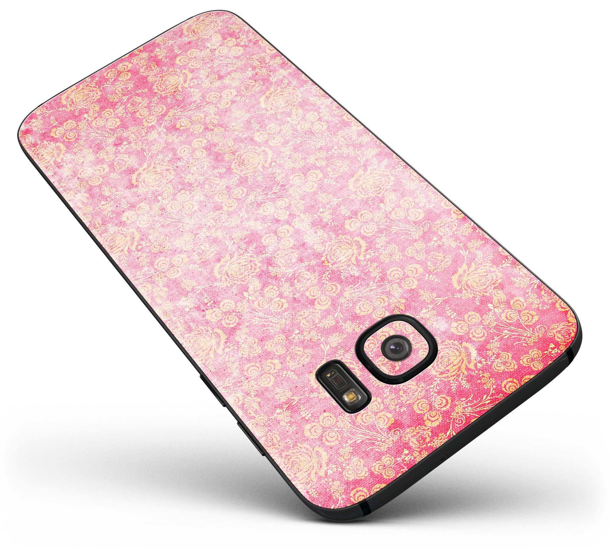 Grungy Floral Pattern Skin-Kit for Samsung Galaxy S7/S7 Edge in scratched pink design, showcasing vibrant floral graphics.